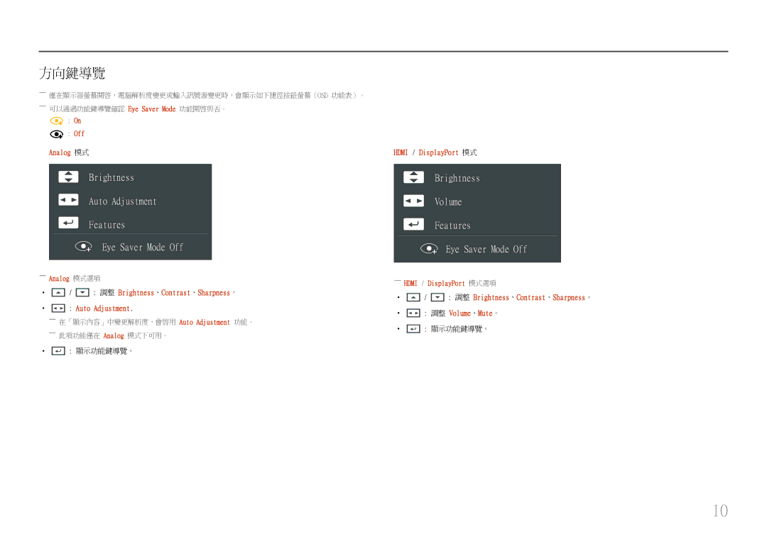 Samsung LS22E45UDWK/EN, LS22E45UDWG/EN, LS22E45UDW/EN, LS24E45UDSC/XE, LS22E45UDWC/XE manual 方向鍵導覽, Eye Saver Mode Off 