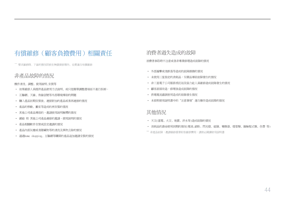 Samsung LS24E45UDSC/XE, LS22E45UDWG/EN, LS22E45UDW/EN ――要求維修時, 下面的情況即使在無償保修期內, 也要進行有償維修, ――非產品故障，邀請維修需要收取維修費用，請務必閱讀使用說明書 