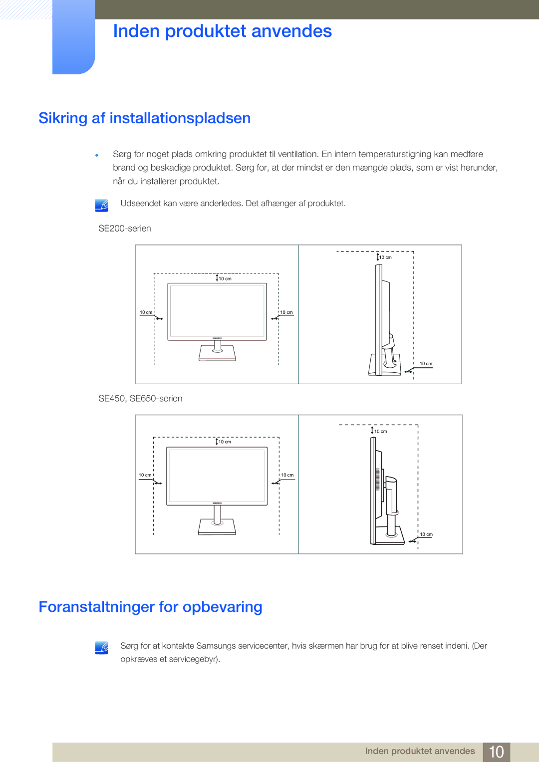 Samsung LS22E45UDWC/XE, LS22E45UDWG/EN, LS24E45UFS/EN manual Sikring af installationspladsen, Foranstaltninger for opbevaring 