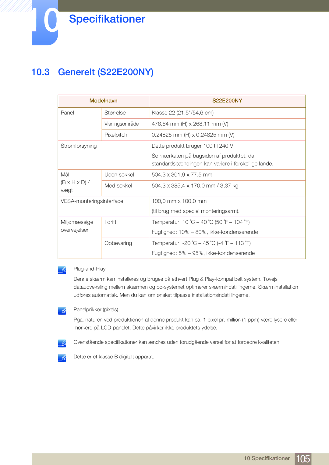 Samsung LS22E45UDWG/EN, LS24E45UFS/EN, LS24E45KBL/EN, LS24E45KBSV/EN, LS27E45KBH/EN Generelt S22E200NY, Modelnavn S22E200NY 