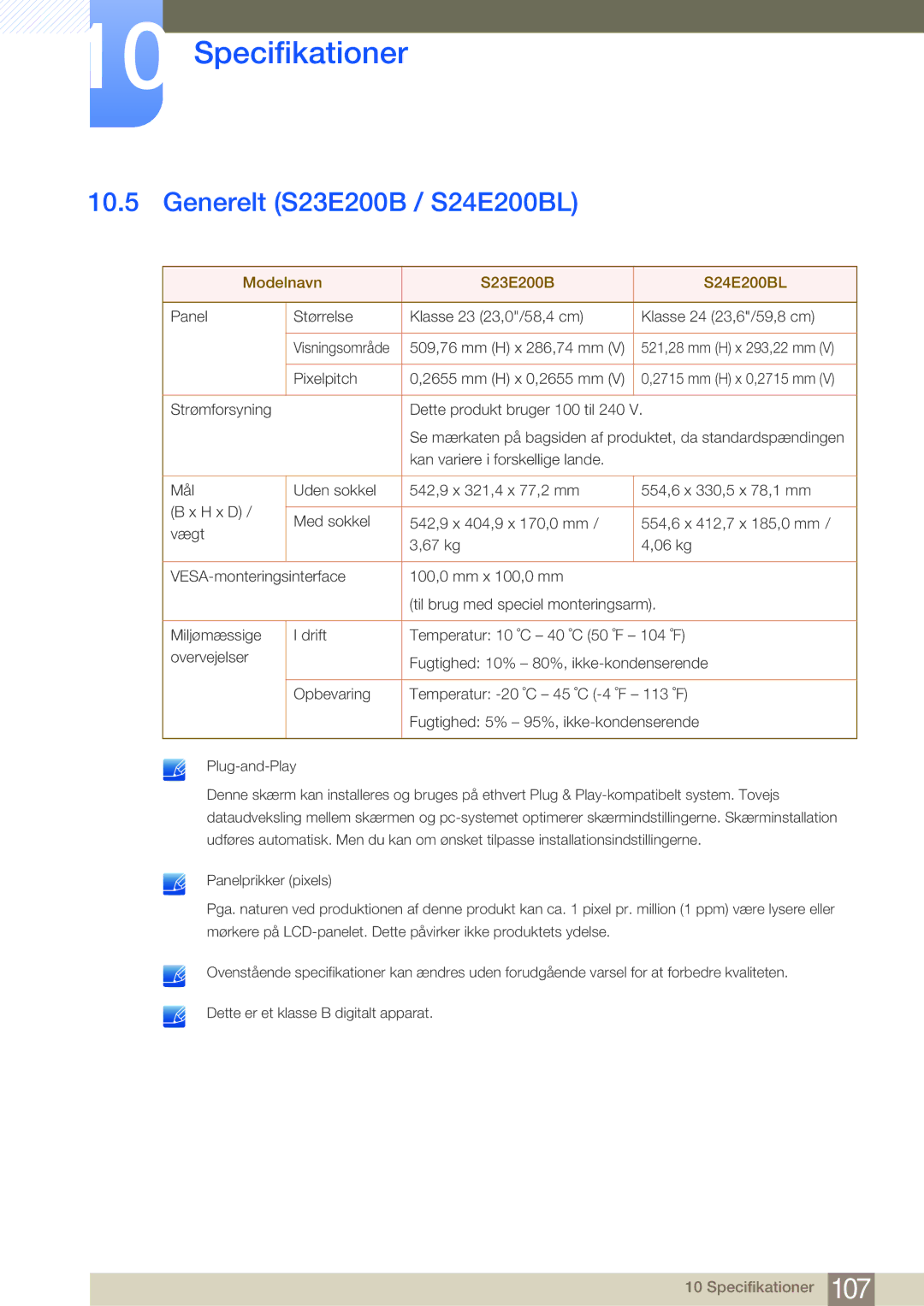 Samsung LS24E45KBL/EN, LS22E45UDWG/EN, LS24E45UFS/EN manual Generelt S23E200B / S24E200BL, Modelnavn S23E200B S24E200BL 