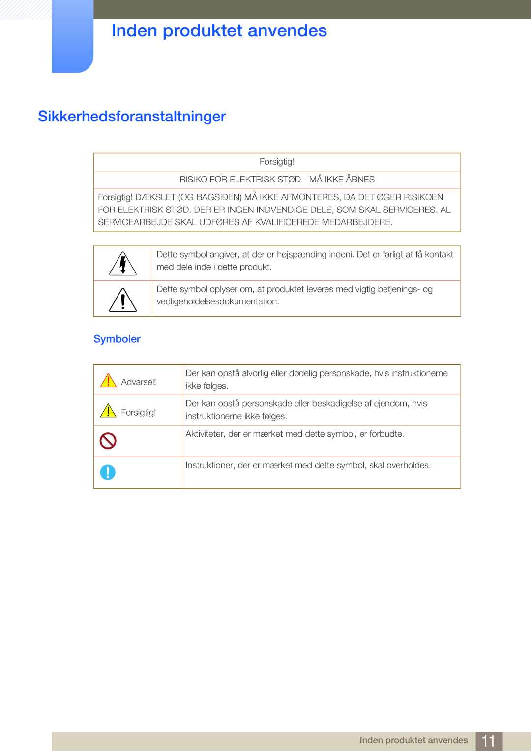 Samsung LS22E45UDWK/EN, LS22E45UDWG/EN, LS24E45UFS/EN, LS24E45KBL/EN, LS24E45KBSV/EN Sikkerhedsforanstaltninger, Symboler 