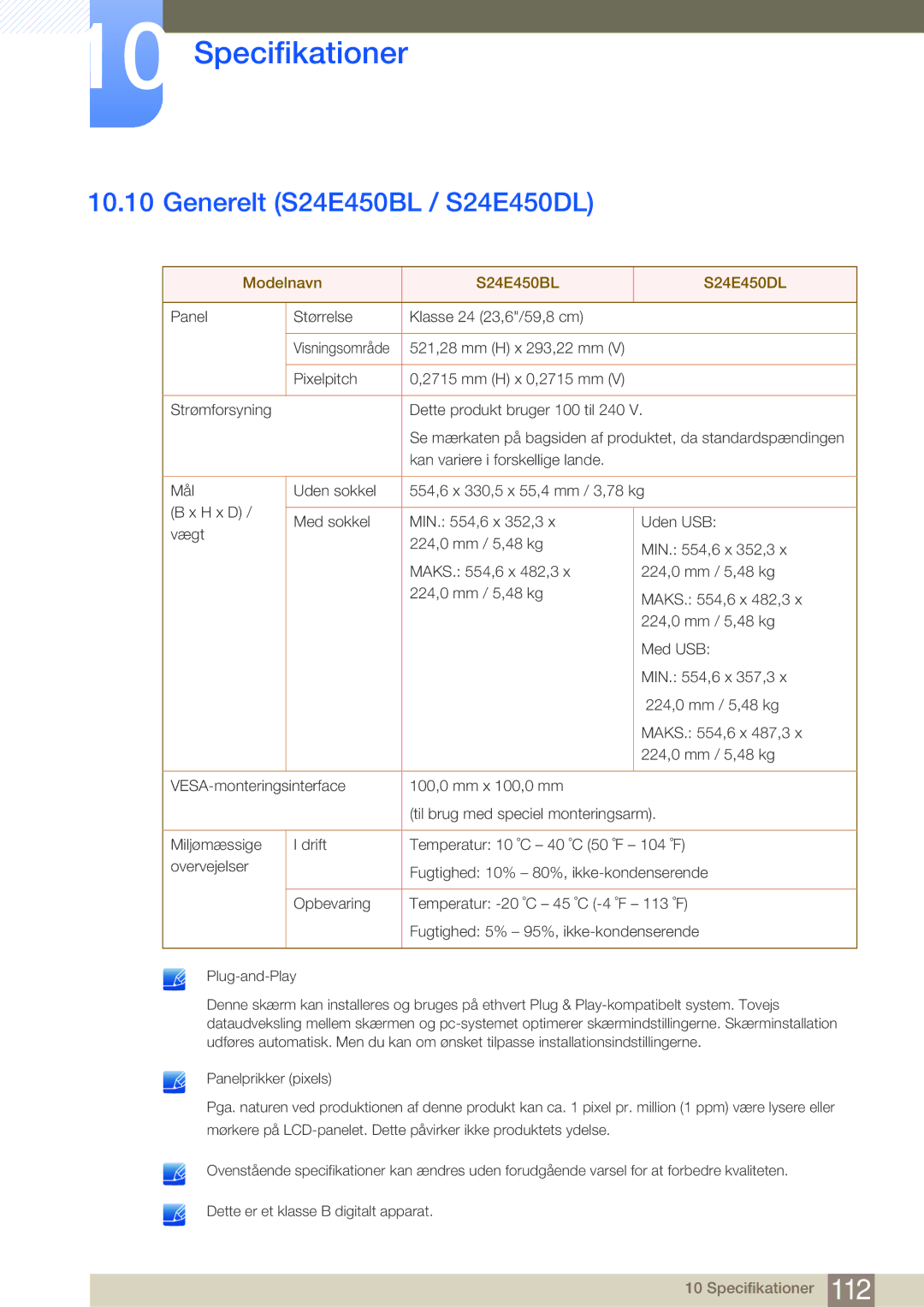 Samsung LS22E45UDW/EN, LS22E45UDWG/EN, LS24E45UFS/EN manual Generelt S24E450BL / S24E450DL, Modelnavn S24E450BL S24E450DL 