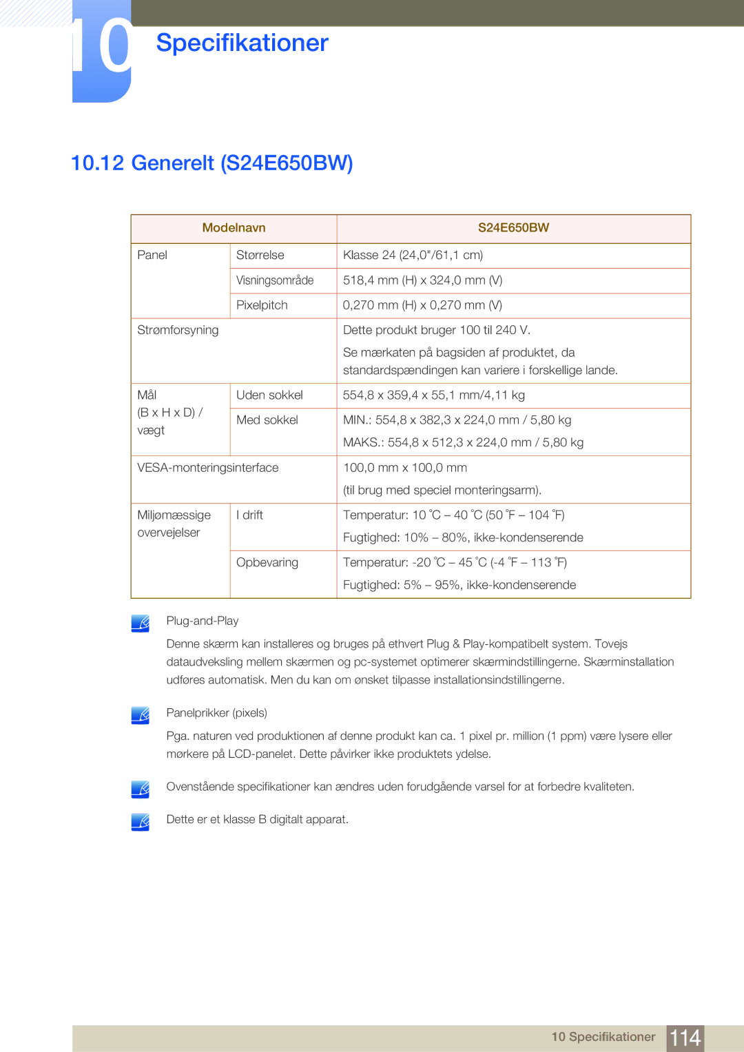 Samsung LS24E45UDSC/XE, LS22E45UDWG/EN, LS24E45UFS/EN, LS24E45KBL/EN, LS24E45KBSV/EN Generelt S24E650BW, Modelnavn S24E650BW 