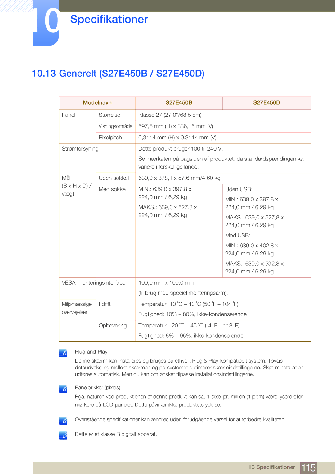 Samsung LS22E45UDWC/XE, LS22E45UDWG/EN, LS24E45UFS/EN manual Generelt S27E450B / S27E450D, Modelnavn S27E450B S27E450D 