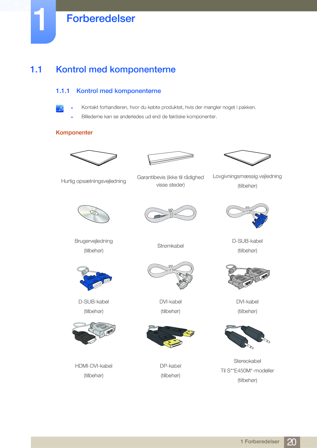 Samsung LS24E65KBWV/EN, LS22E45UDWG/EN, LS24E45UFS/EN, LS24E45KBL/EN Forberedelser, Kontrol med komponenterne, Komponenter 