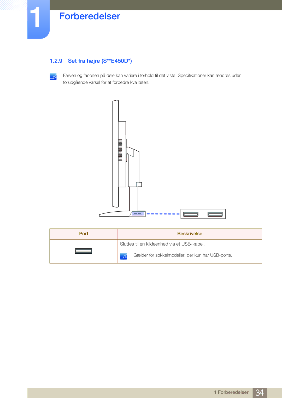 Samsung LS27E45KBH/EN, LS22E45UDWG/EN, LS24E45UFS/EN, LS24E45KBL/EN, LS24E45KBSV/EN, LS24E65KBWV/EN Set fra højre S**E450D 