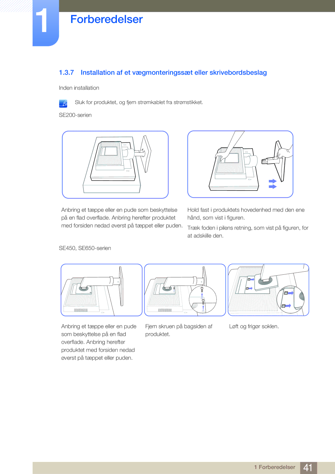 Samsung LS22E45UDWK/EN, LS22E45UDWG/EN, LS24E45UFS/EN manual Installation af et vægmonteringssæt eller skrivebordsbeslag 