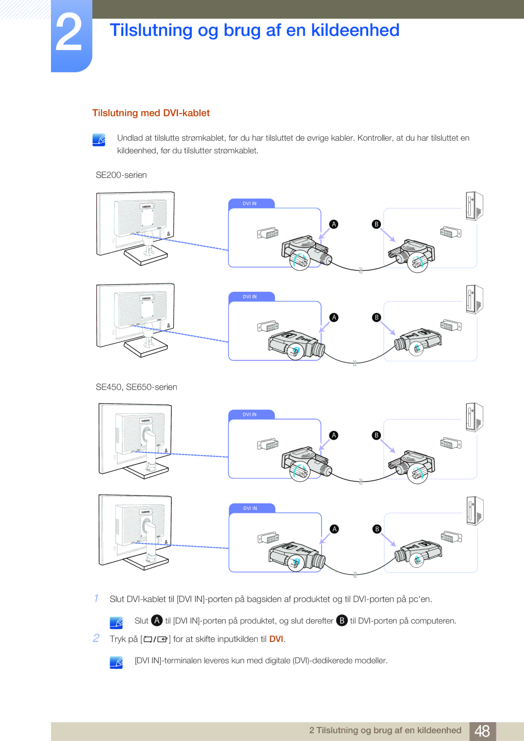 Samsung LS24E45KBSV/EN, LS22E45UDWG/EN, LS24E45UFS/EN, LS24E45KBL/EN, LS27E45KBH/EN, LS24E65KBWV/EN Tilslutning med DVI-kablet 