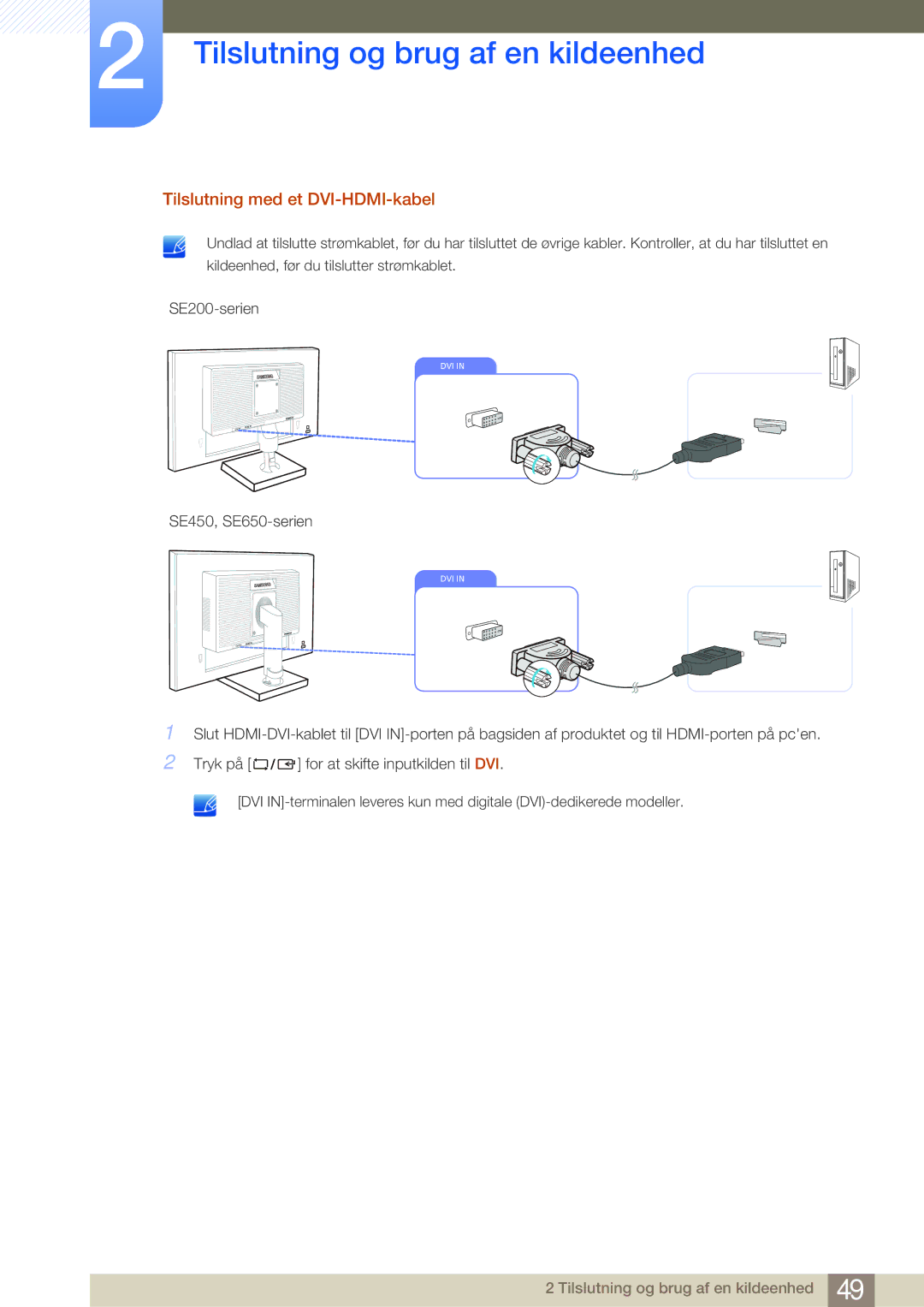 Samsung LS27E45KBH/EN, LS22E45UDWG/EN, LS24E45UFS/EN, LS24E45KBL/EN, LS24E45KBSV/EN manual Tilslutning med et DVI-HDMI-kabel 