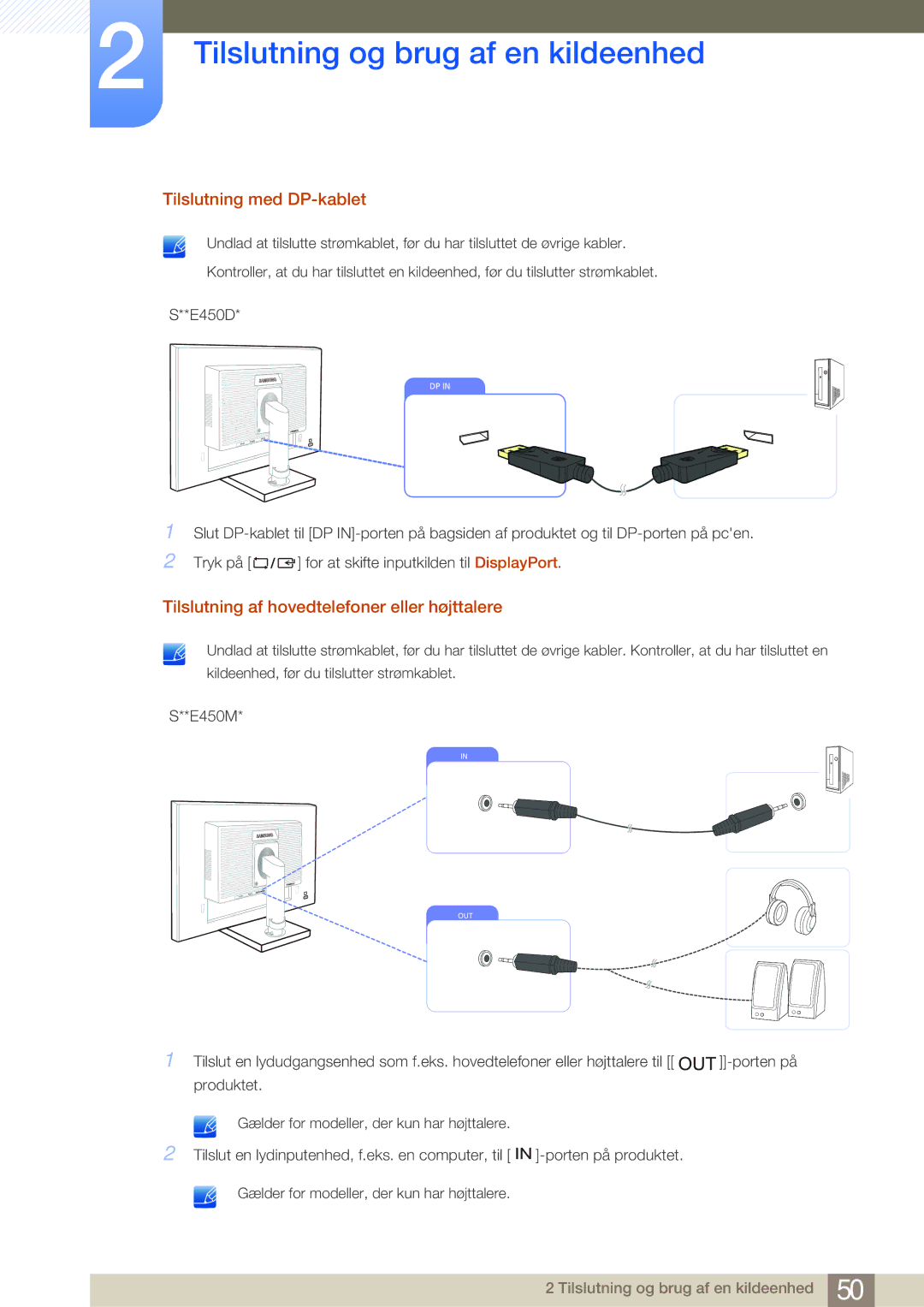 Samsung LS24E65KBWV/EN, LS22E45UDWG/EN manual Tilslutning med DP-kablet, Tilslutning af hovedtelefoner eller højttalere 