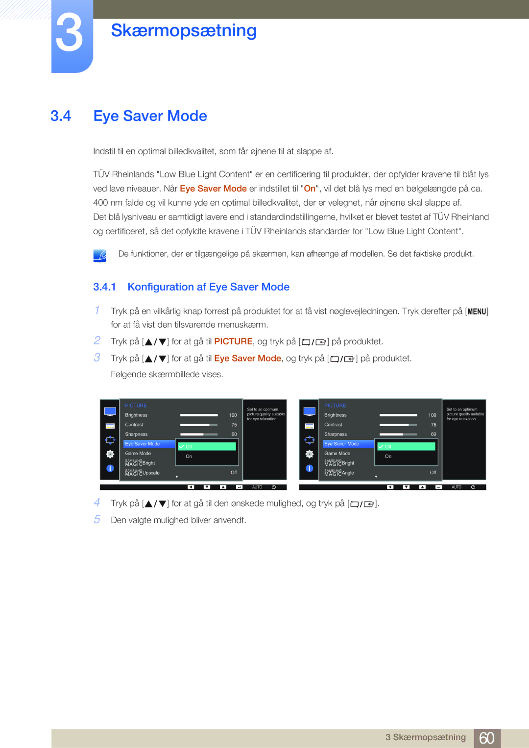 Samsung LS22E45UDWG/EN, LS24E45UFS/EN, LS24E45KBL/EN, LS24E45KBSV/EN, LS27E45KBH/EN manual Konfiguration af Eye Saver Mode 