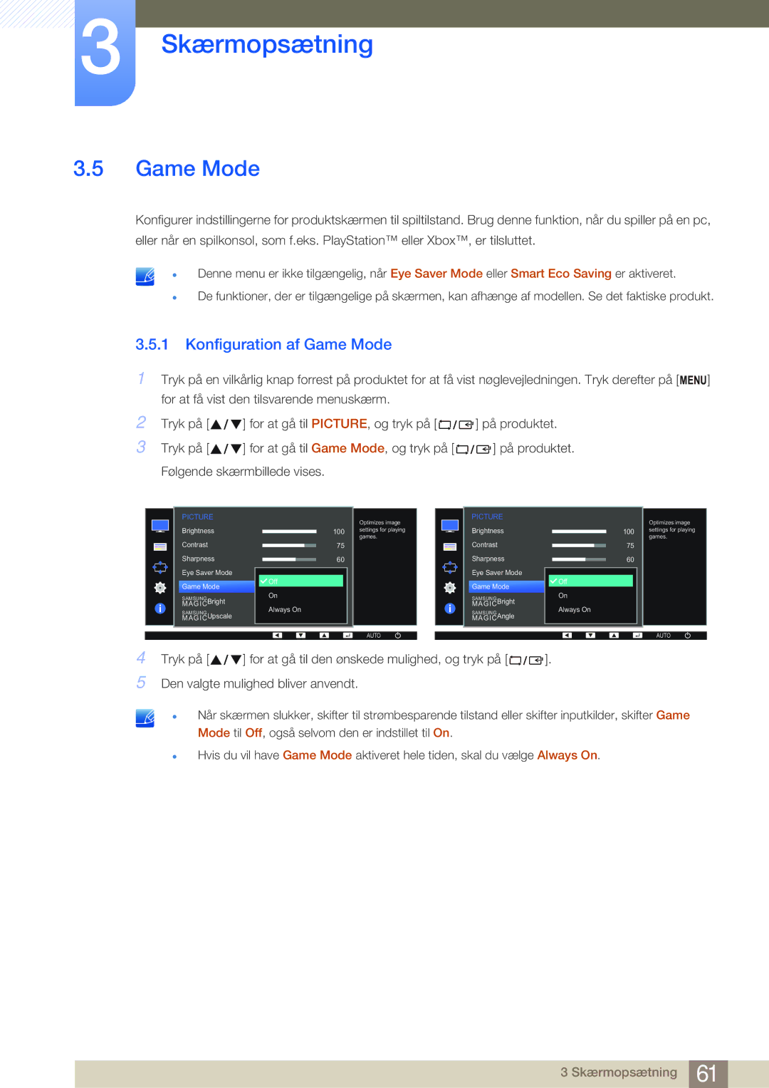 Samsung LS24E45UFS/EN, LS22E45UDWG/EN, LS24E45KBL/EN, LS24E45KBSV/EN, LS27E45KBH/EN manual Konfiguration af Game Mode 