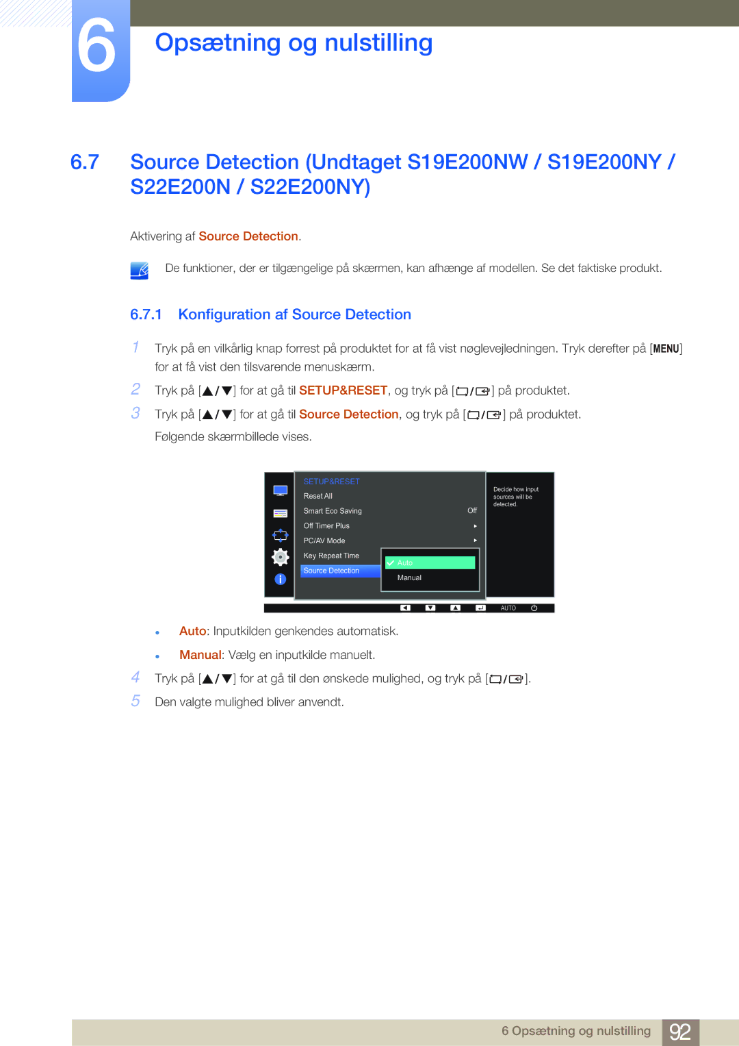 Samsung LS24E45KBL/EN, LS22E45UDWG/EN, LS24E45UFS/EN manual Konfiguration af Source Detection, Aktivering af Source Detection 