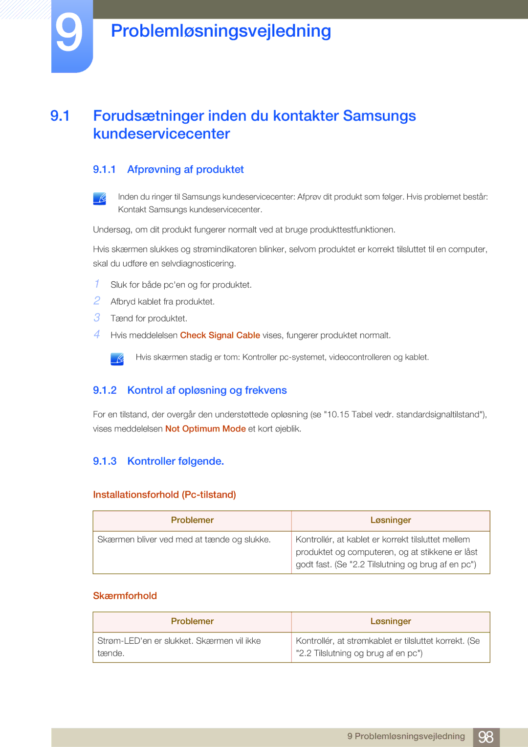 Samsung LS22E45KBS/EN, LS22E45UDWG/EN Problemløsningsvejledning, Afprøvning af produktet, Kontrol af opløsning og frekvens 