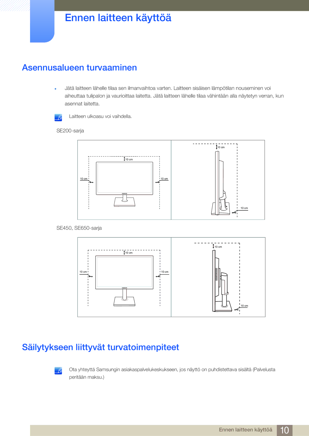 Samsung LS22E45UDWC/XE, LS22E45UDWG/EN, LS24E45UFS/EN Asennusalueen turvaaminen, Säilytykseen liittyvät turvatoimenpiteet 