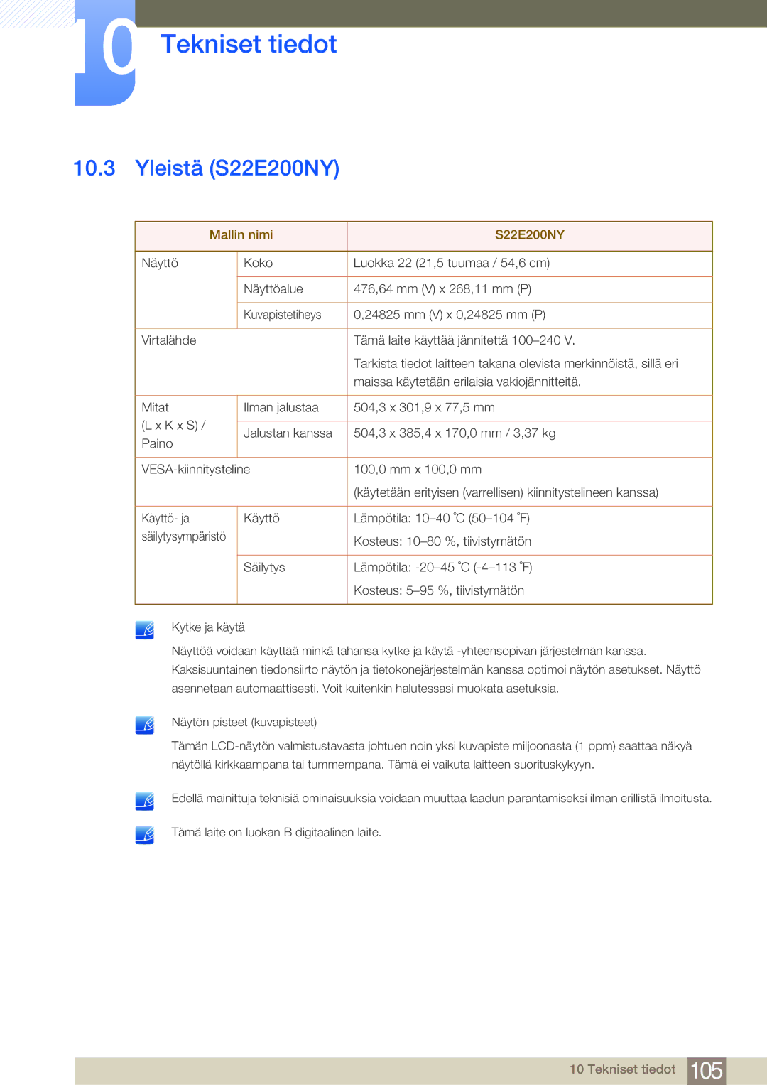 Samsung LS22E45UDWG/EN, LS24E45UFS/EN, LS24E45KBL/EN, LS24E45KBSV/EN, LS27E45KBH/EN Yleistä S22E200NY, Mallin nimi S22E200NY 