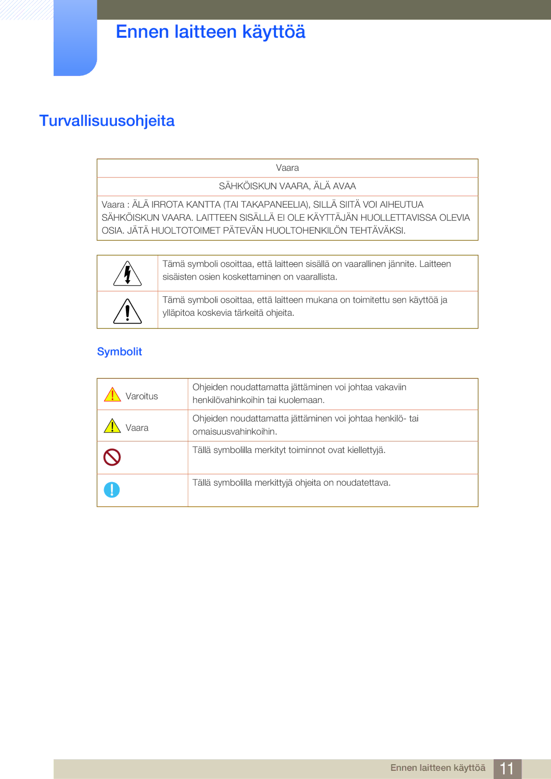 Samsung LS22E45UDWK/EN, LS22E45UDWG/EN, LS24E45UFS/EN, LS24E45KBL/EN, LS24E45KBSV/EN manual Turvallisuusohjeita, Symbolit 