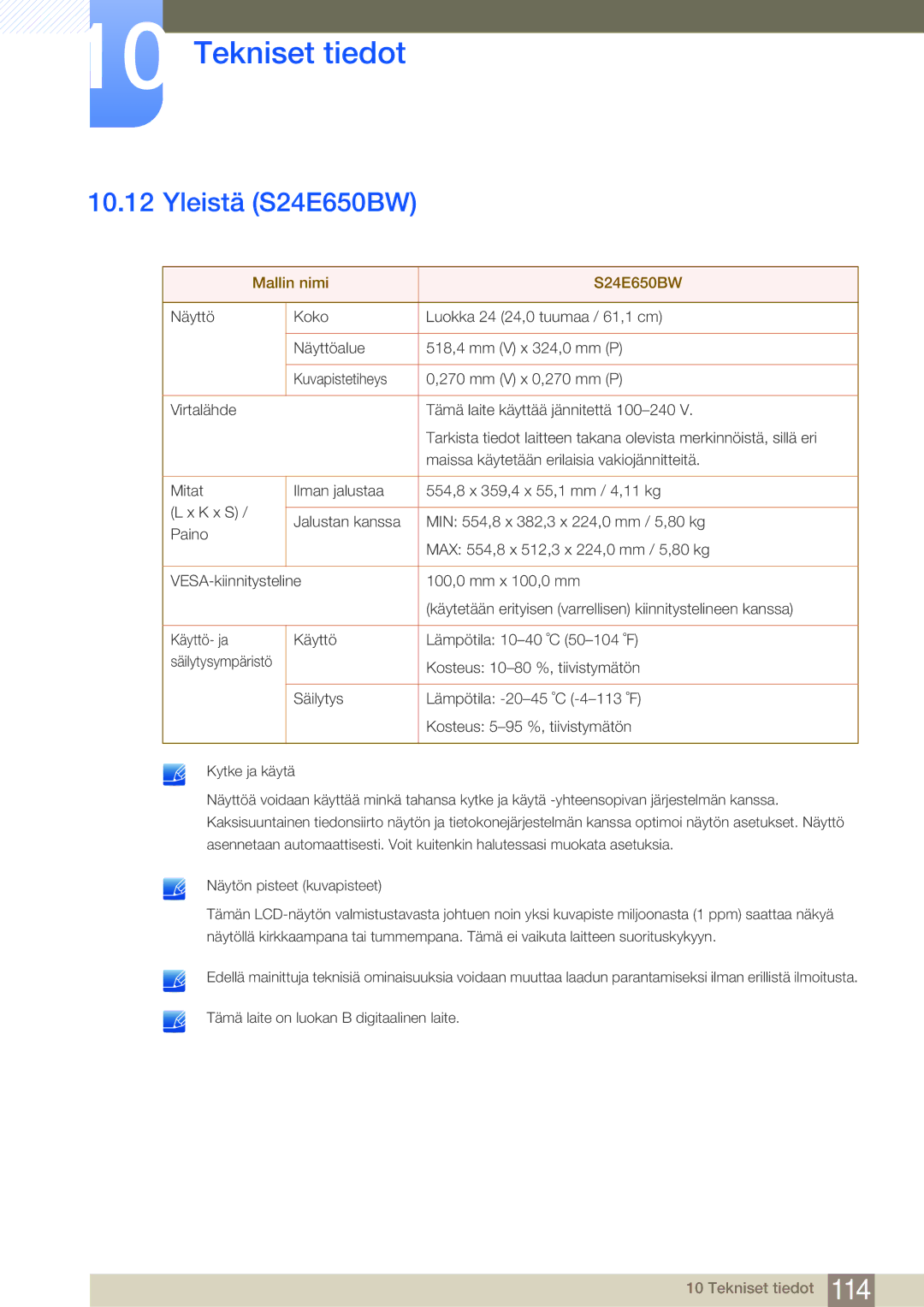 Samsung LS24E45UDSC/XE, LS22E45UDWG/EN, LS24E45UFS/EN, LS24E45KBL/EN, LS24E45KBSV/EN Yleistä S24E650BW, Mallin nimi S24E650BW 