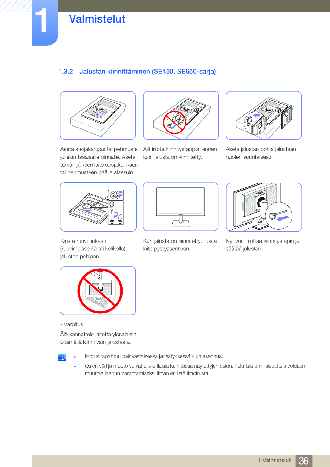 Samsung LS23E45KBS/EN, LS22E45UDWG/EN, LS24E45UFS/EN, LS24E45KBL/EN, LS27E45KBH/EN Jalustan kiinnittäminen SE450, SE650-sarja 