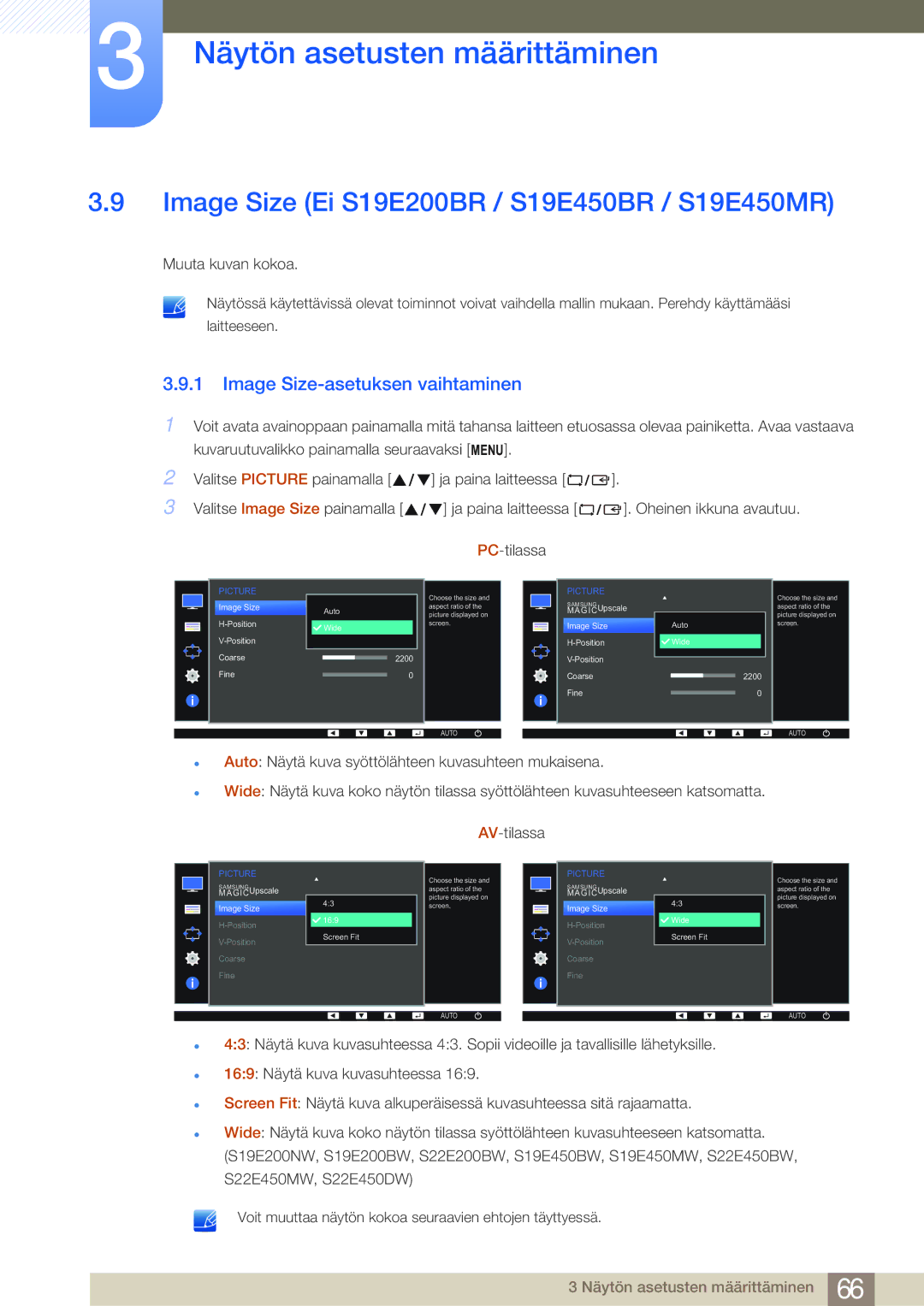 Samsung LS23E45KBS/EN, LS22E45UDWG/EN Image Size Ei S19E200BR / S19E450BR / S19E450MR, Image Size-asetuksen vaihtaminen 