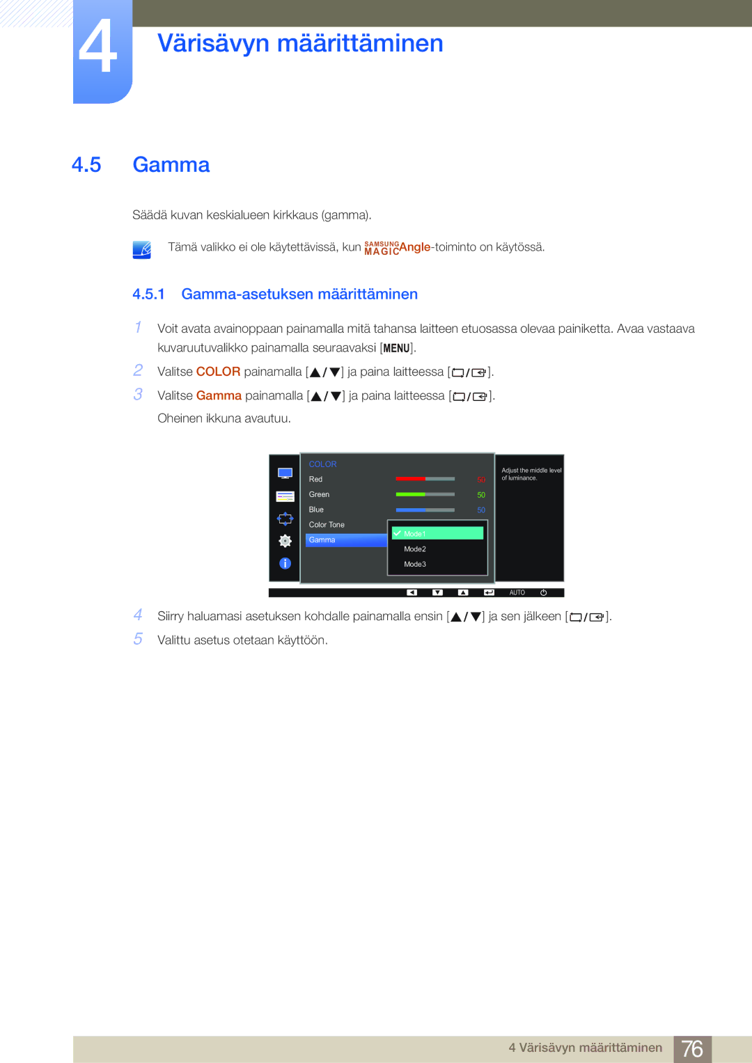 Samsung LS24E45UFS/EN, LS22E45UDWG/EN, LS24E45KBL/EN, LS24E45KBSV/EN, LS27E45KBH/EN manual Gamma-asetuksen määrittäminen 