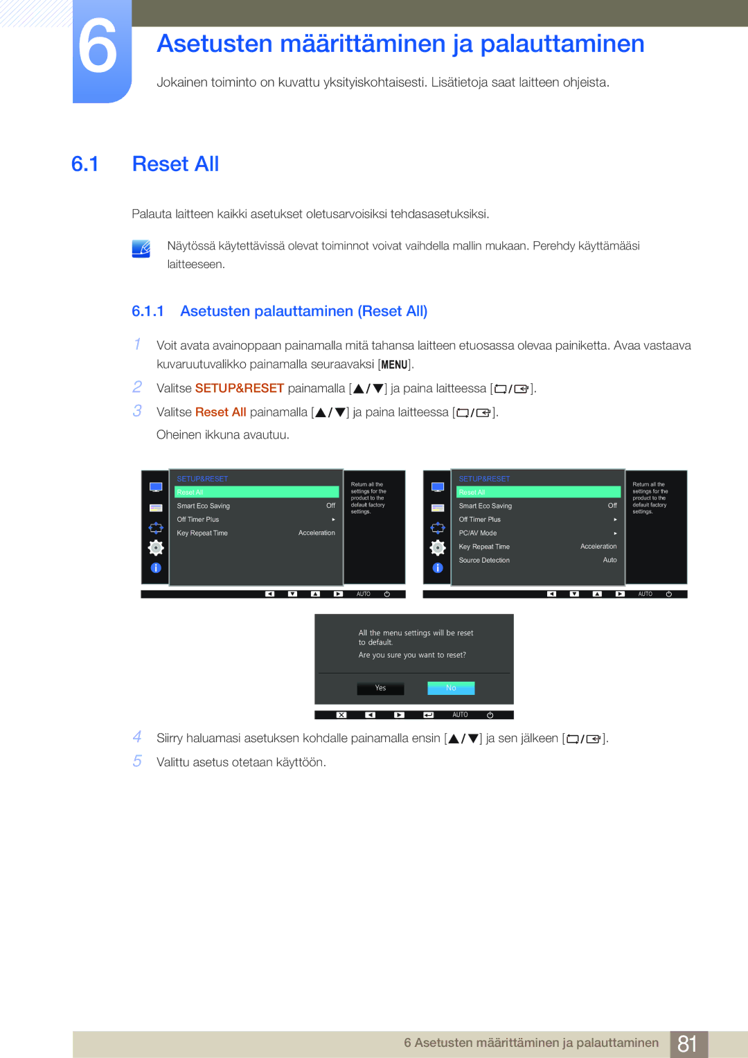 Samsung LS23E45KBS/EN, LS22E45UDWG/EN manual Asetusten määrittäminen ja palauttaminen, Asetusten palauttaminen Reset All 