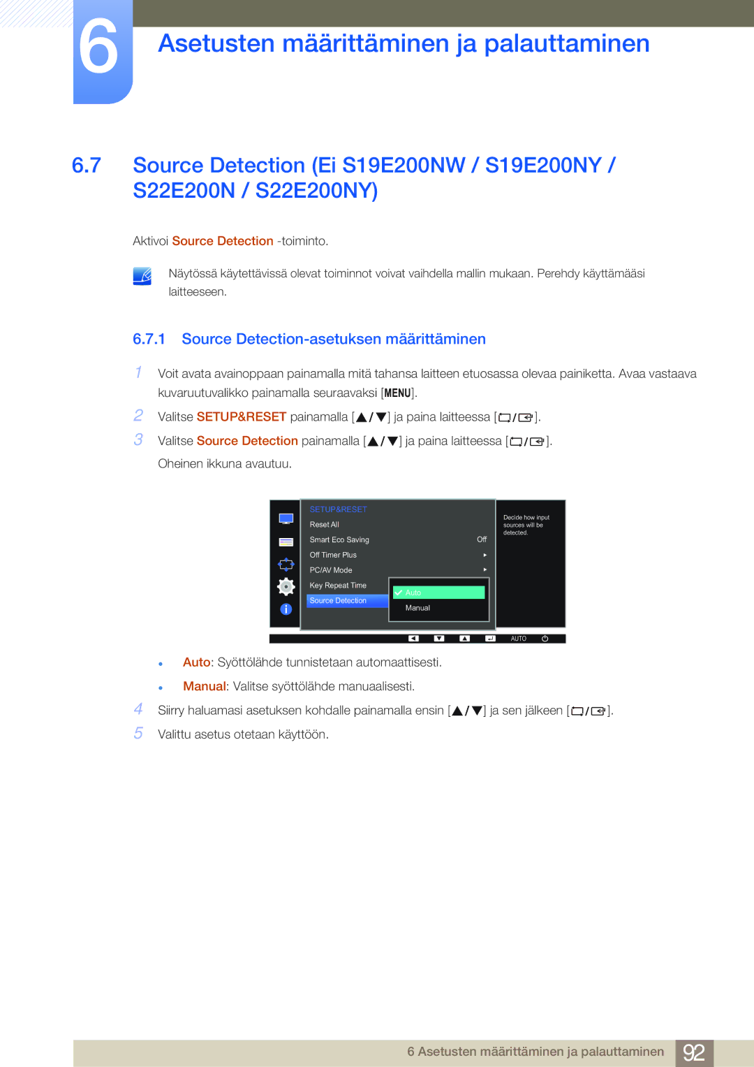 Samsung LS24E45KBL/EN, LS22E45UDWG/EN, LS24E45UFS/EN, LS24E45KBSV/EN Source Detection-asetuksen määrittäminen, Setup&Reset 