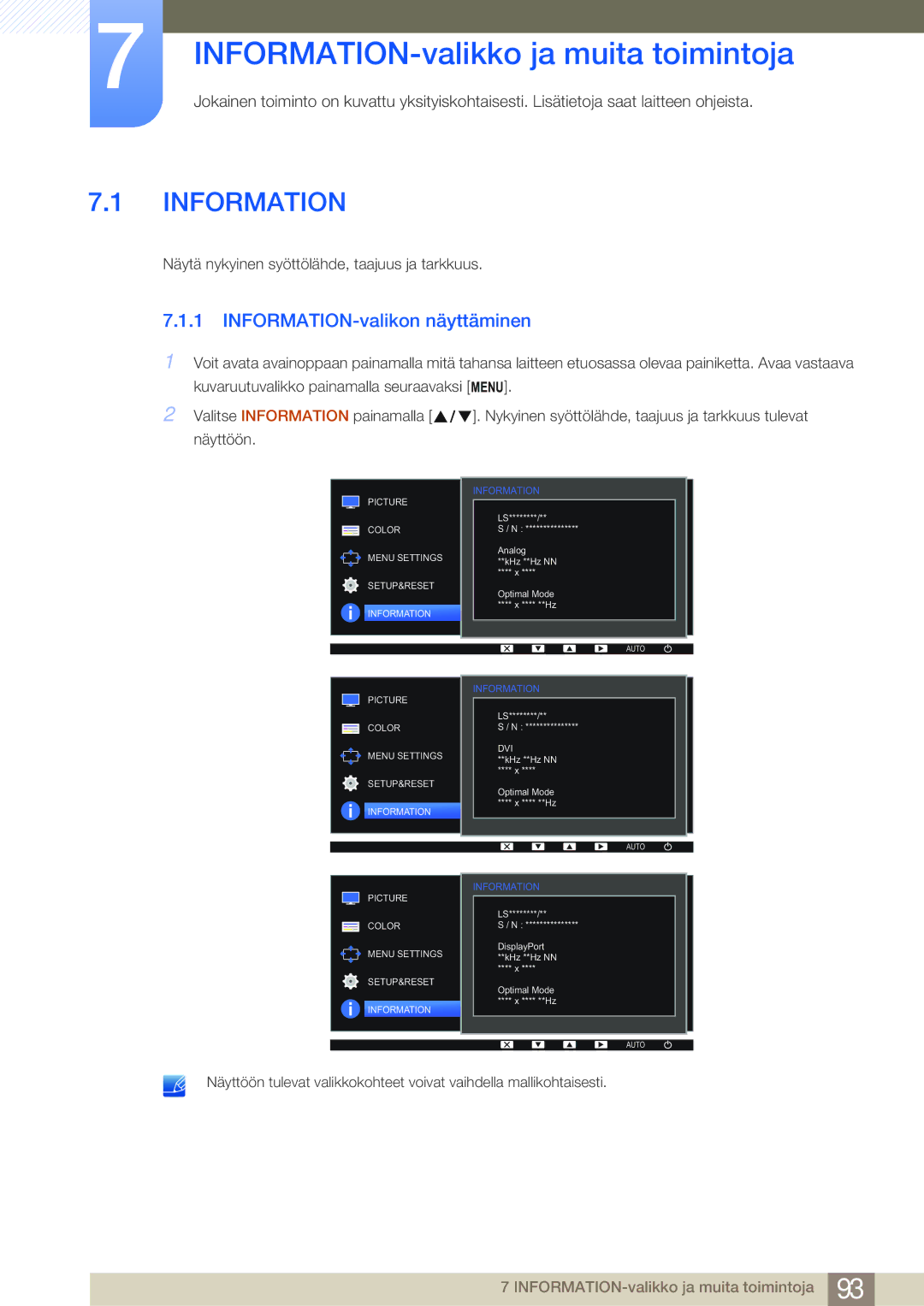 Samsung LS24E45KBSV/EN, LS22E45UDWG/EN manual INFORMATION-valikko ja muita toimintoja, INFORMATION-valikon näyttäminen 