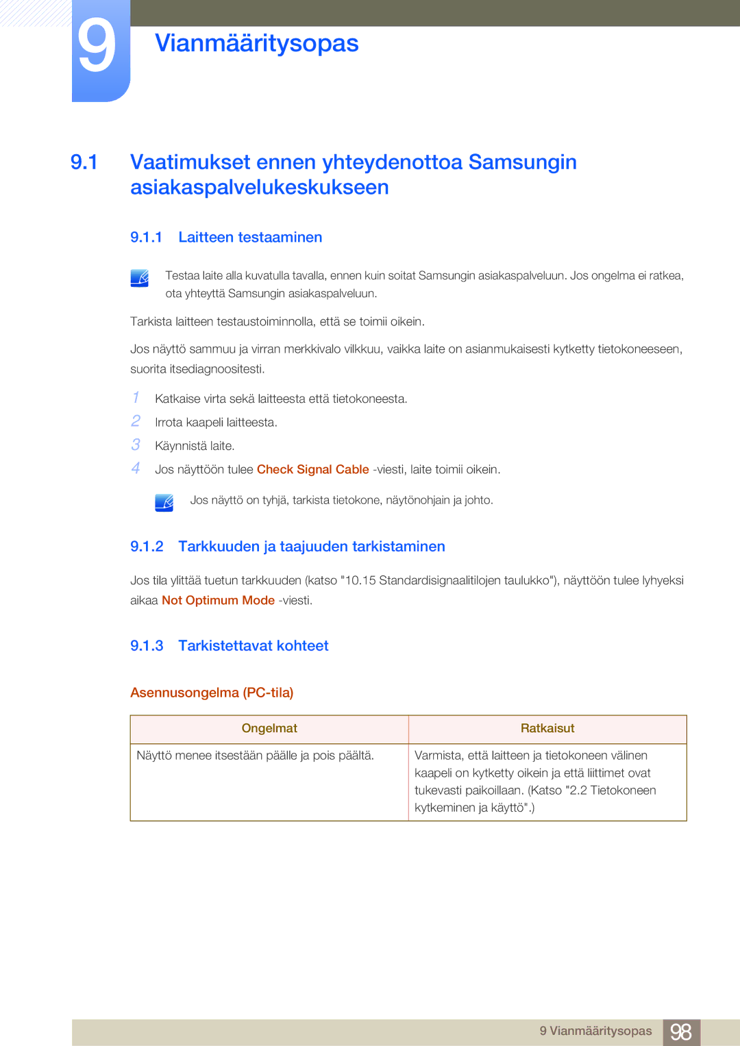 Samsung LS22E45KBS/EN, LS22E45UDWG/EN manual Vianmääritysopas, Laitteen testaaminen, Tarkkuuden ja taajuuden tarkistaminen 