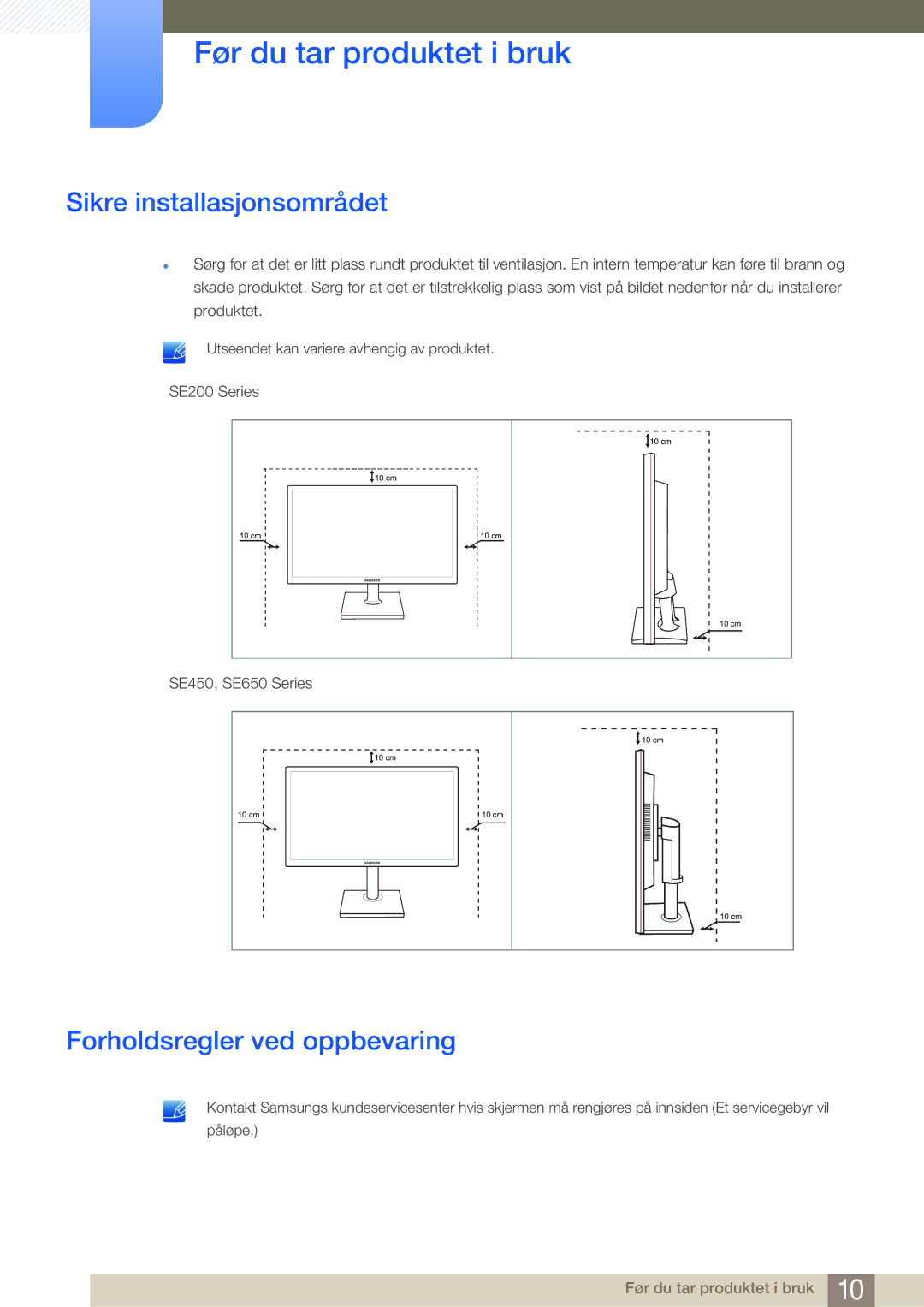 Samsung LS22E45UDWC/XE, LS22E45UDWG/EN, LS24E45UFS/EN manual Sikre installasjonsområdet, Forholdsregler ved oppbevaring 