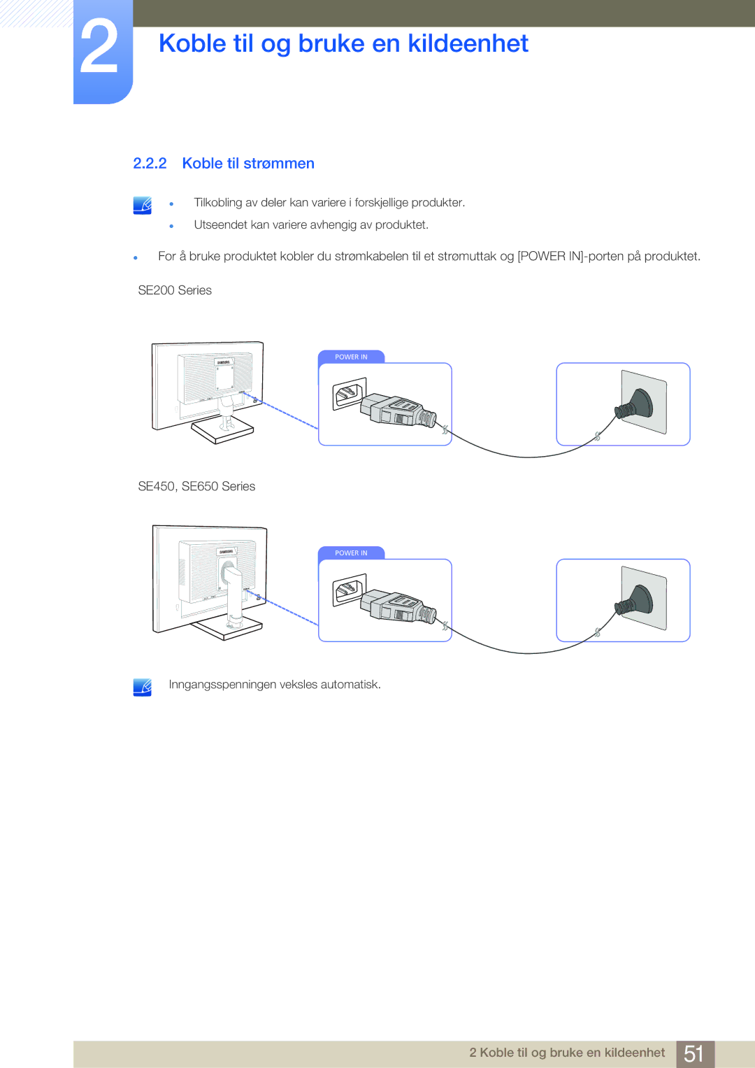 Samsung LS23E45KBS/EN, LS22E45UDWG/EN, LS24E45UFS/EN, LS24E45KBL/EN, LS24E45KBSV/EN, LS27E45KBH/EN manual Koble til strømmen 