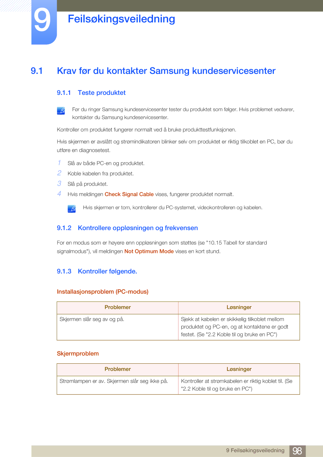 Samsung LS22E45KBS/EN manual Feilsøkingsveiledning, Krav før du kontakter Samsung kundeservicesenter, Teste produktet 