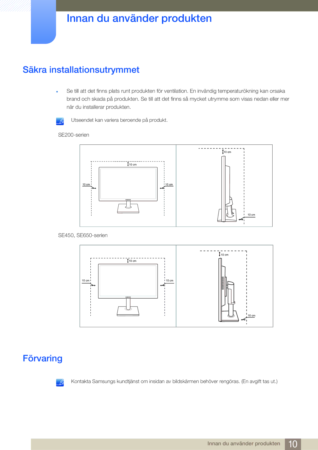 Samsung LS22E45UDWC/XE, LS22E45UDWG/EN, LS24E45UFS/EN, LS24E45KBL/EN, LS24E45KBSV/EN Säkra installationsutrymmet, Förvaring 