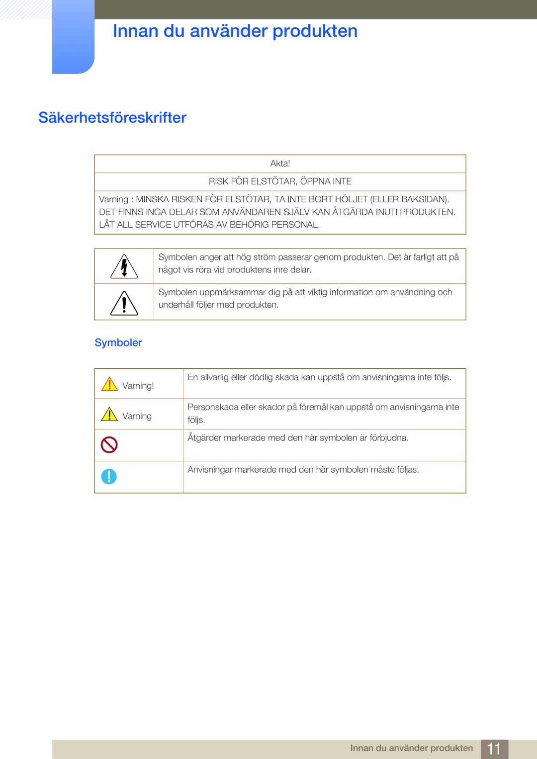 Samsung LS22E45UDWK/EN, LS22E45UDWG/EN, LS24E45UFS/EN, LS24E45KBL/EN, LS24E45KBSV/EN manual Säkerhetsföreskrifter, Symboler 