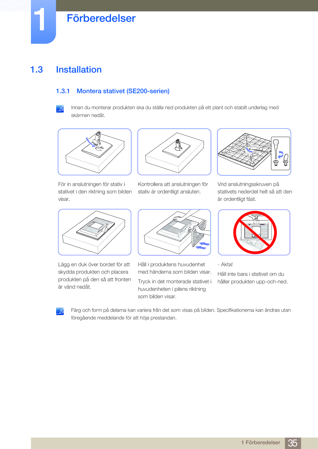 Samsung LS24E65KBWV/EN, LS22E45UDWG/EN, LS24E45UFS/EN, LS24E45KBL/EN manual Installation, Montera stativet SE200-serien 