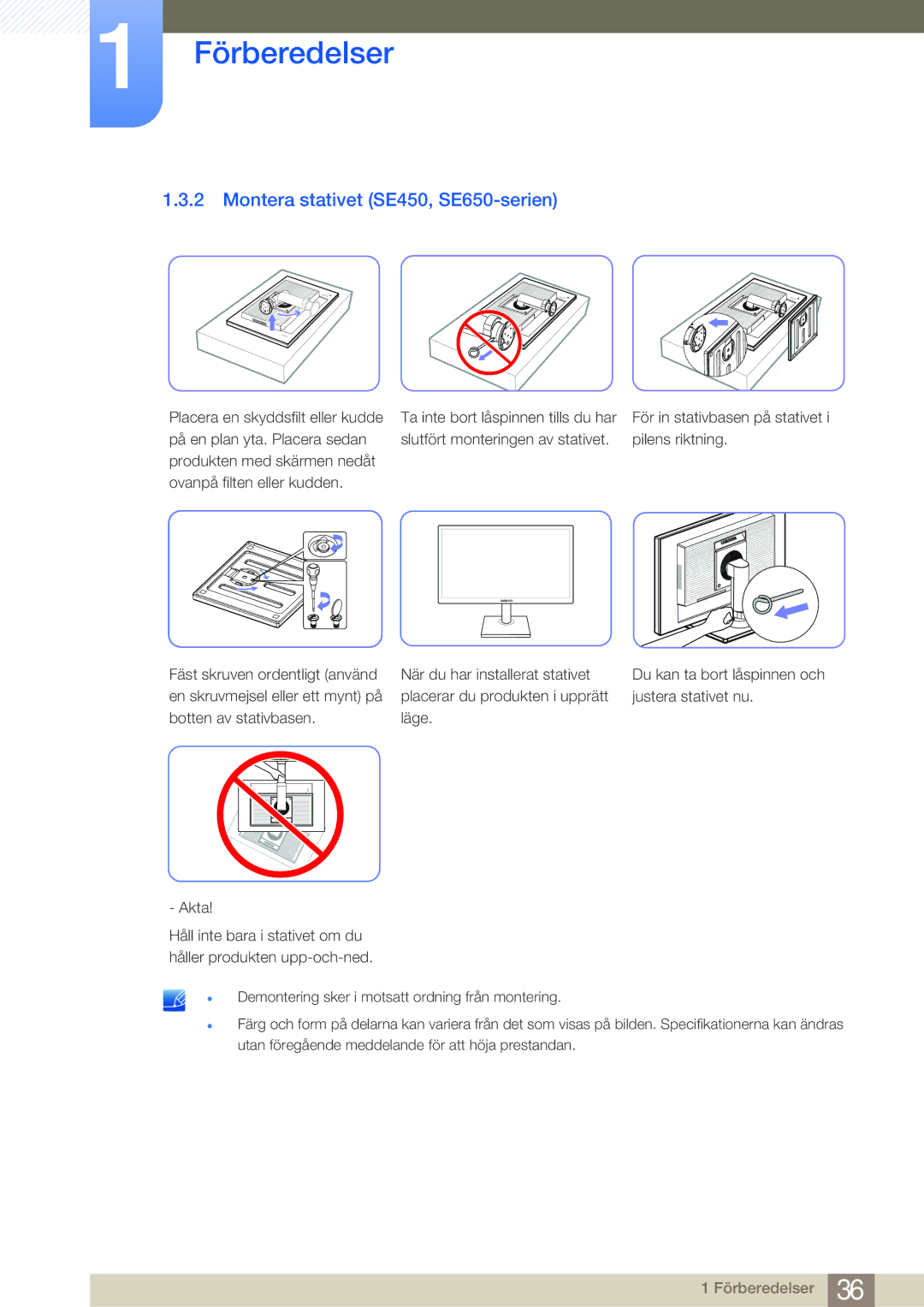 Samsung LS23E45KBS/EN, LS22E45UDWG/EN, LS24E45UFS/EN, LS24E45KBL/EN, LS24E45KBSV/EN manual Montera stativet SE450, SE650-serien 