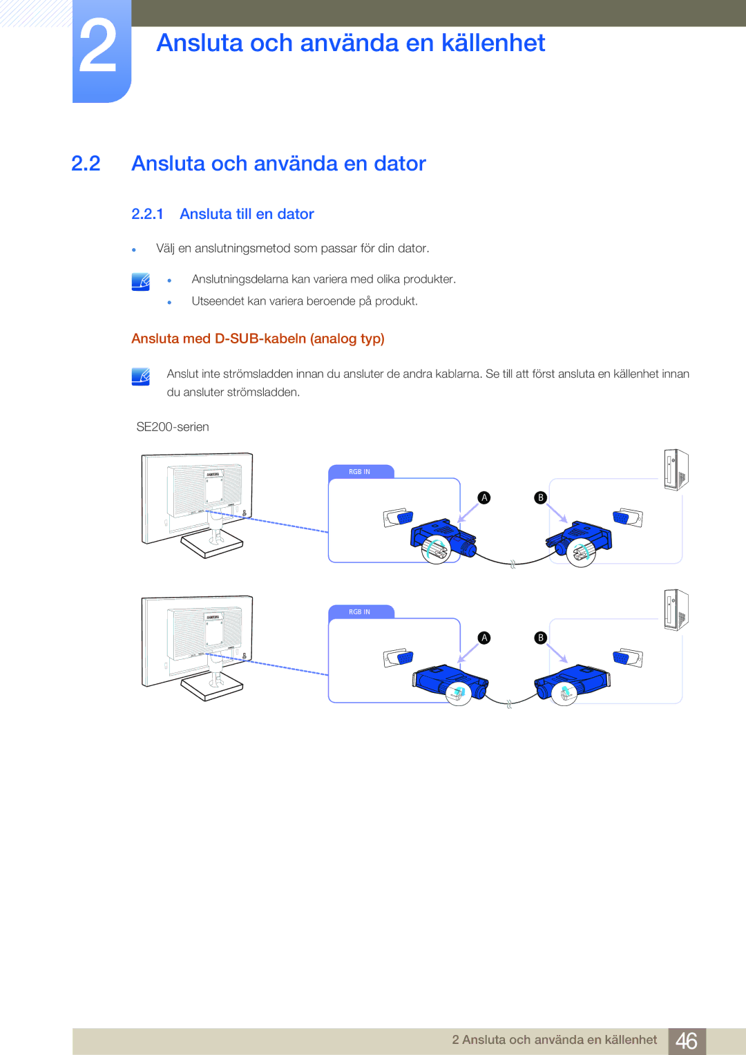 Samsung LS24E45UFS/EN manual Ansluta och använda en dator, Ansluta till en dator, Ansluta med D-SUB-kabeln analog typ 