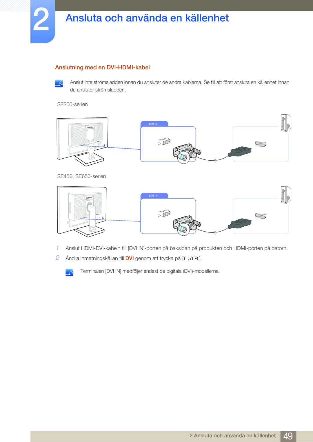 Samsung LS27E45KBH/EN, LS22E45UDWG/EN, LS24E45UFS/EN, LS24E45KBL/EN, LS24E45KBSV/EN manual Anslutning med en DVI-HDMI-kabel 