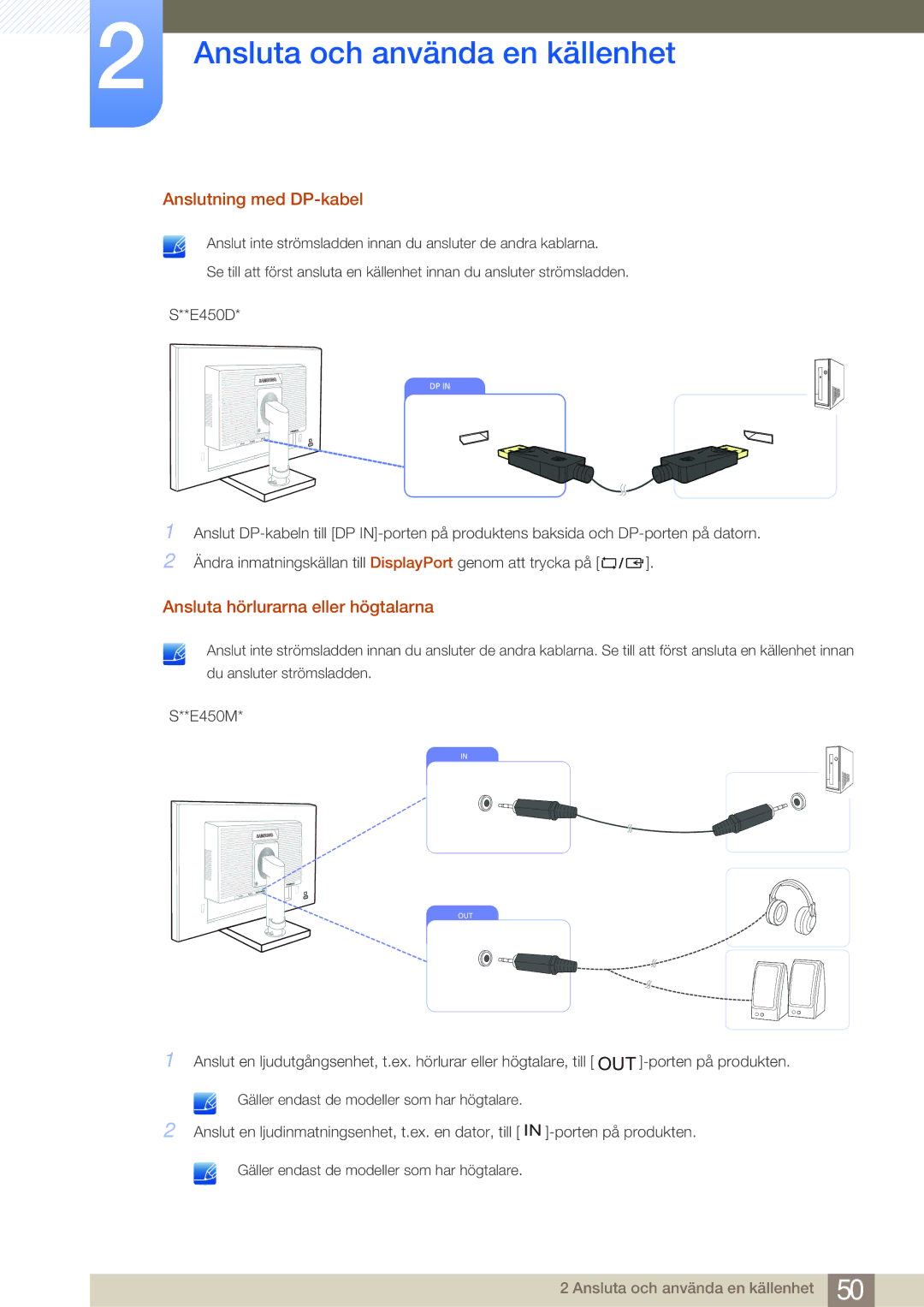 Samsung LS24E65KBWV/EN, LS22E45UDWG/EN, LS24E45UFS/EN manual Anslutning med DP-kabel, Ansluta hörlurarna eller högtalarna 