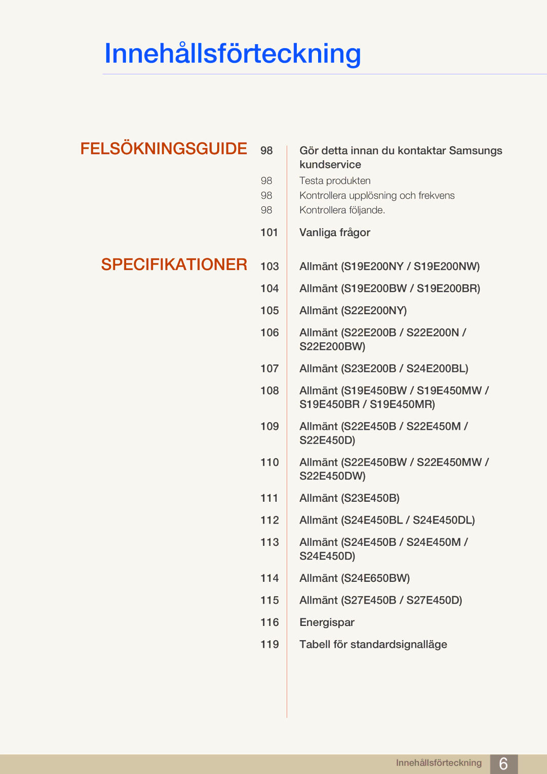 Samsung LS23E45KBS/EN, LS22E45UDWG/EN, LS24E45UFS/EN, LS24E45KBL/EN, LS24E45KBSV/EN, LS27E45KBH/EN manual Felsökningsguide 