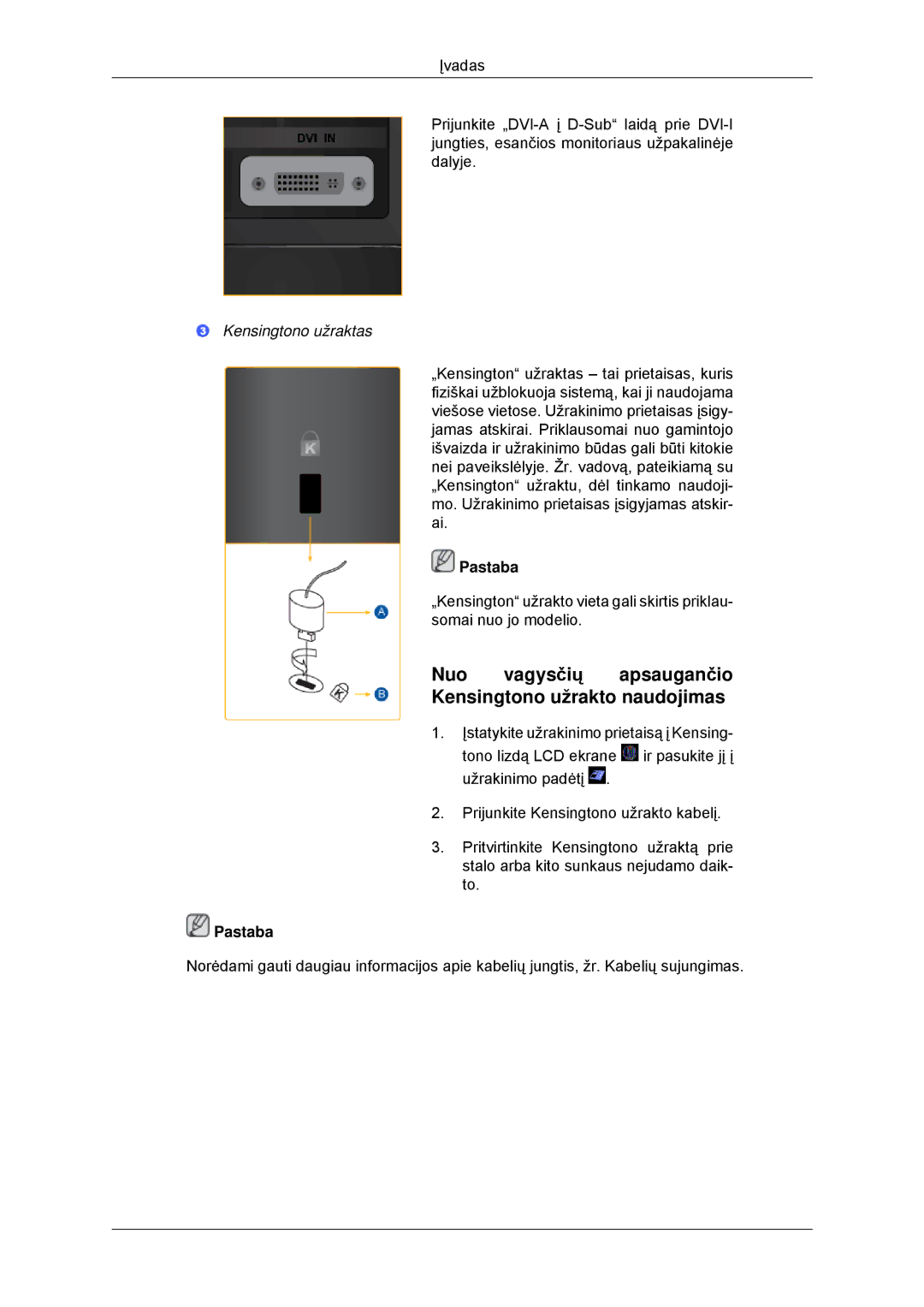 Samsung LS22EFHKFU/EN, LS23EFHKFV/EN manual Nuo vagysčių apsaugančio Kensingtono užrakto naudojimas, Kensingtono užraktas 