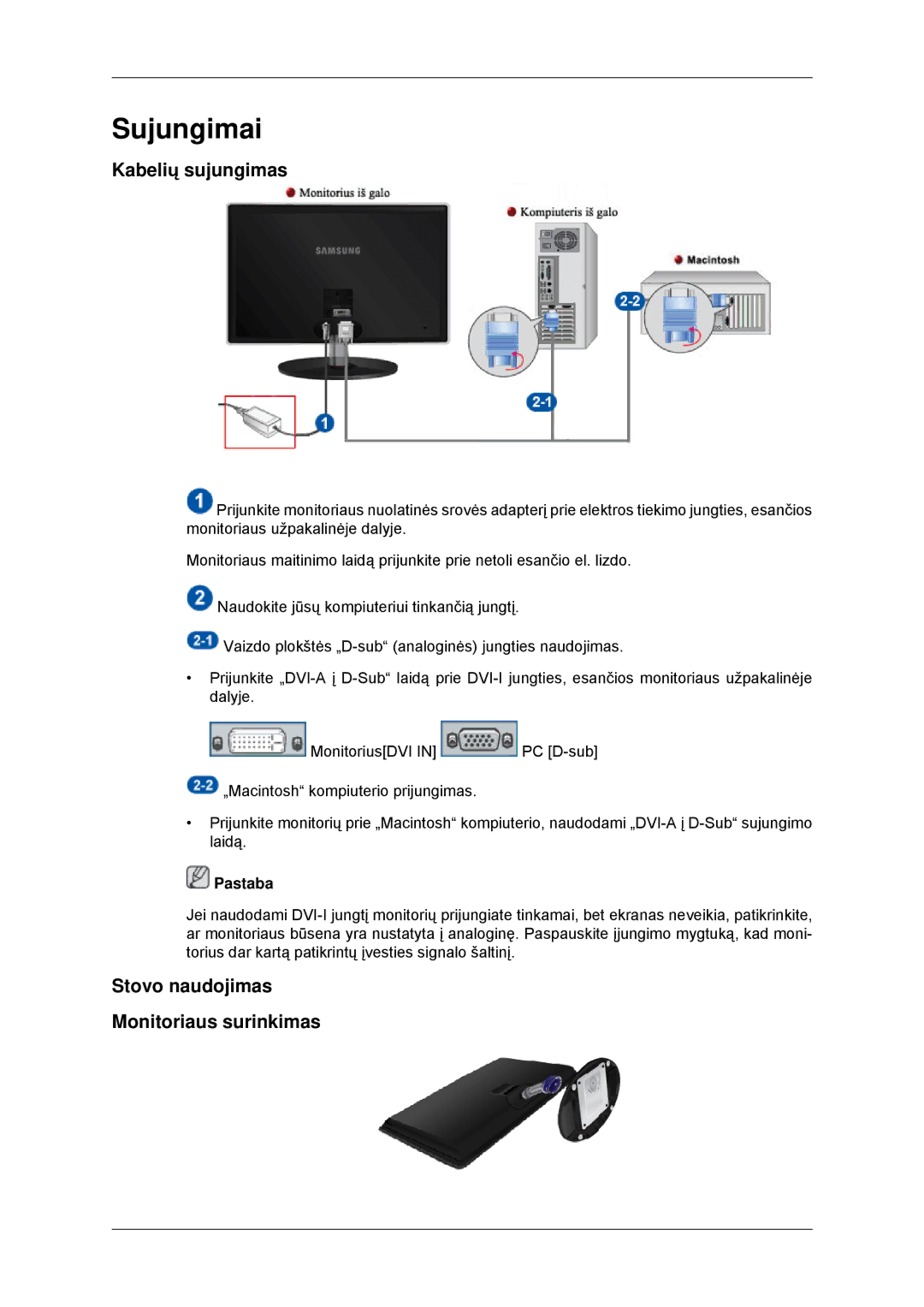 Samsung LS23EFHKFV/EN, LS22EFHKFU/EN manual Sujungimai, Kabelių sujungimas, Stovo naudojimas Monitoriaus surinkimas 