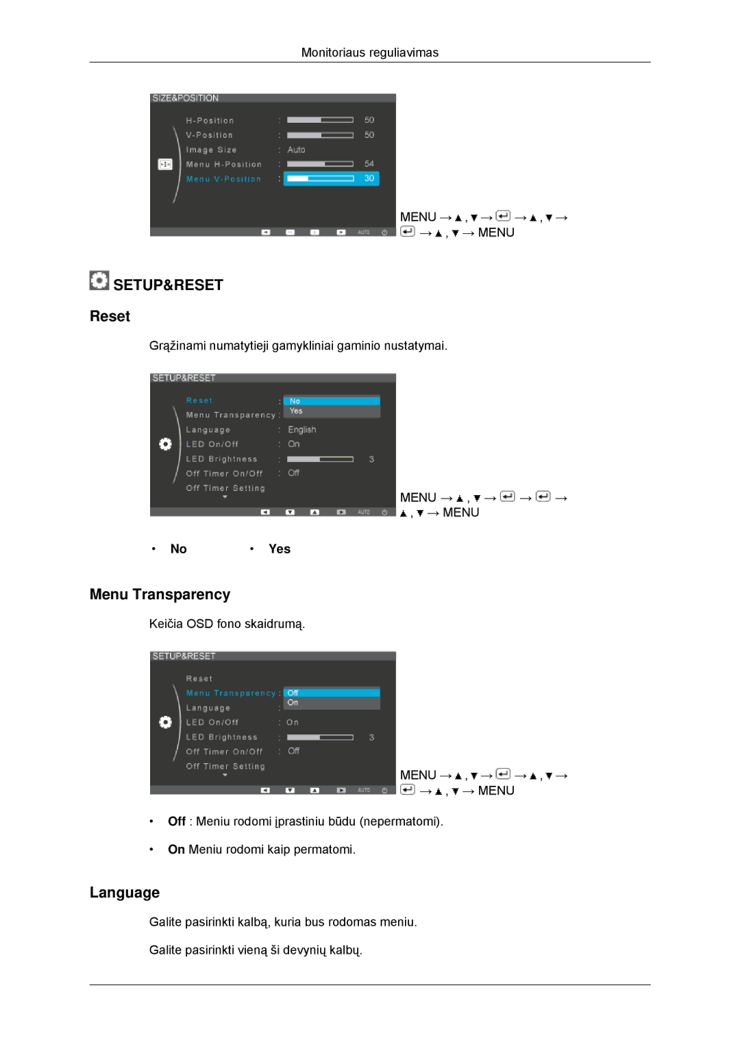 Samsung LS23EFHKFV/EN, LS22EFHKFU/EN manual Reset, Menu Transparency, Language, Yes 