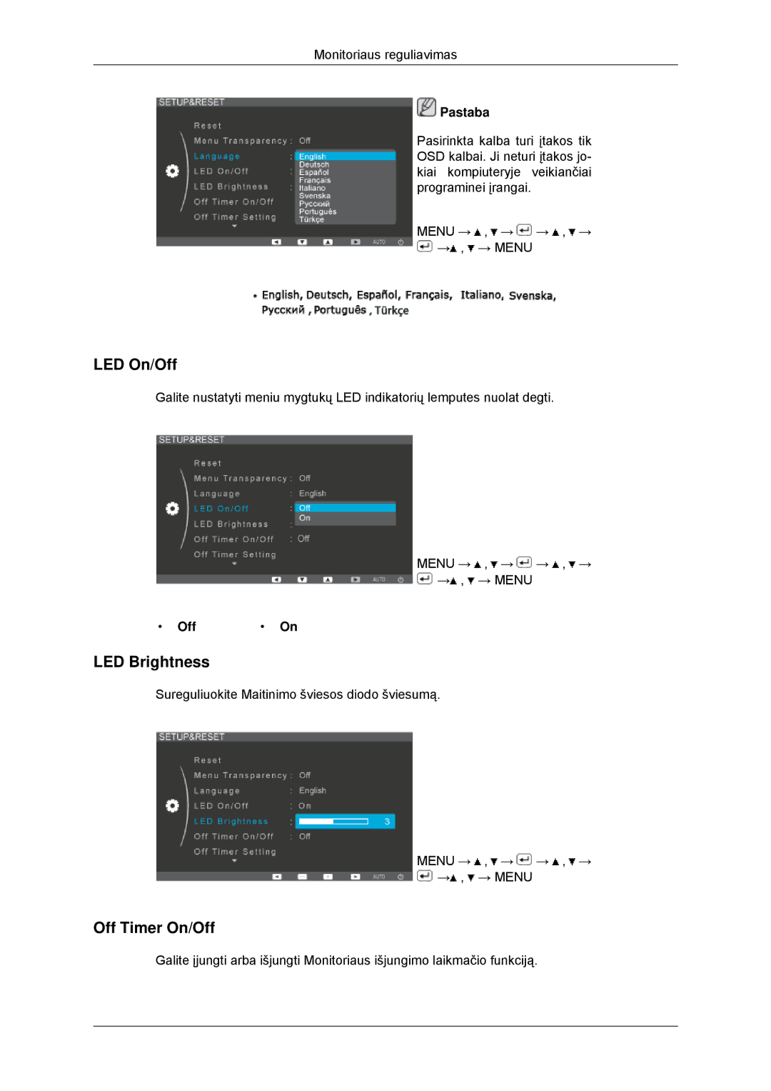 Samsung LS22EFHKFU/EN, LS23EFHKFV/EN manual LED On/Off, LED Brightness, Off Timer On/Off 