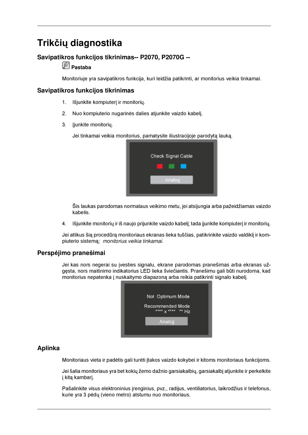 Samsung LS22EFHKFU/EN manual Trikčių diagnostika, Savipatikros funkcijos tikrinimas-- P2070, P2070G, Perspėjimo pranešimai 