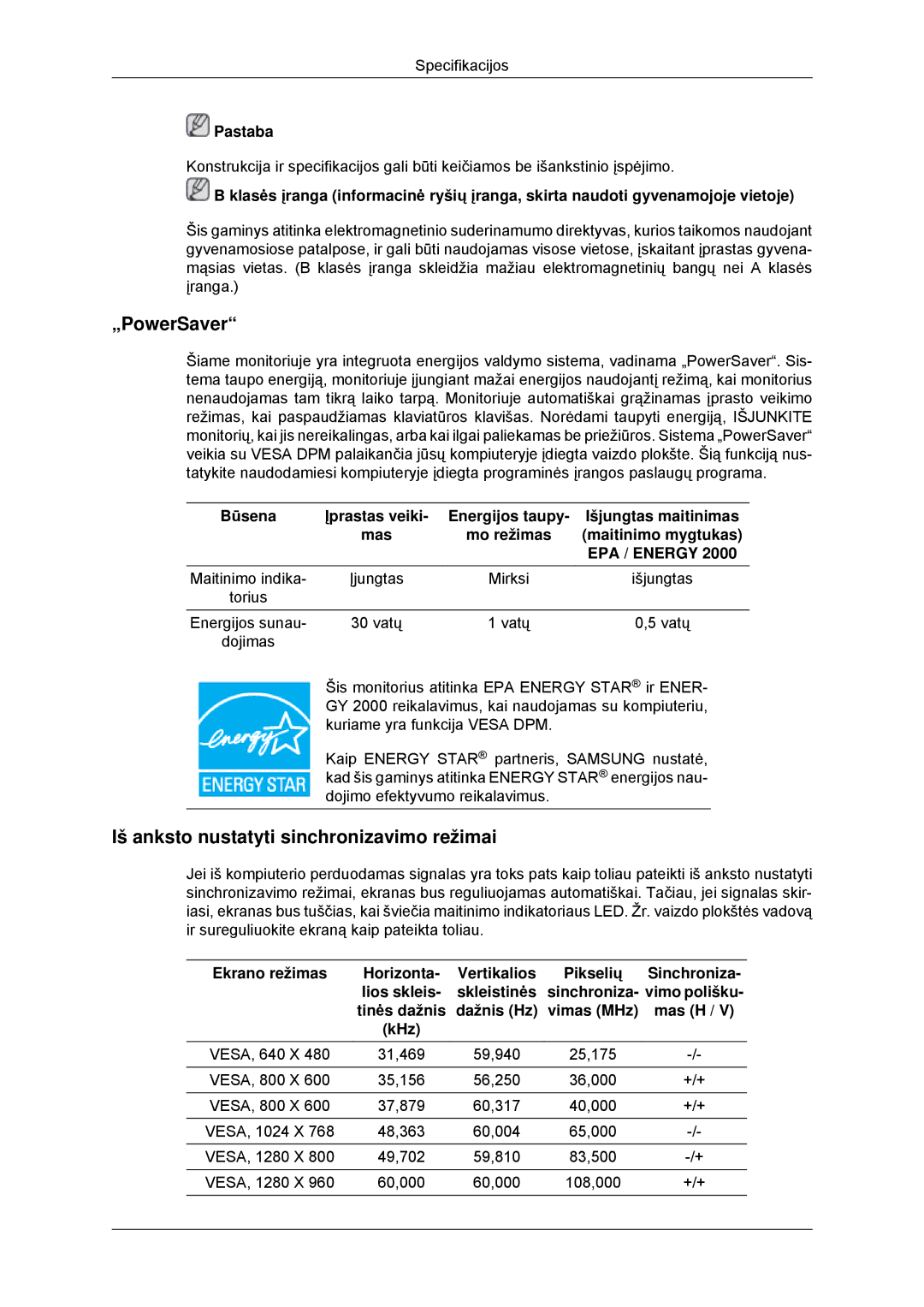 Samsung LS22EFHKFU/EN, LS23EFHKFV/EN manual Pastaba, Torius Energijos sunau 30 vatų Vatų 