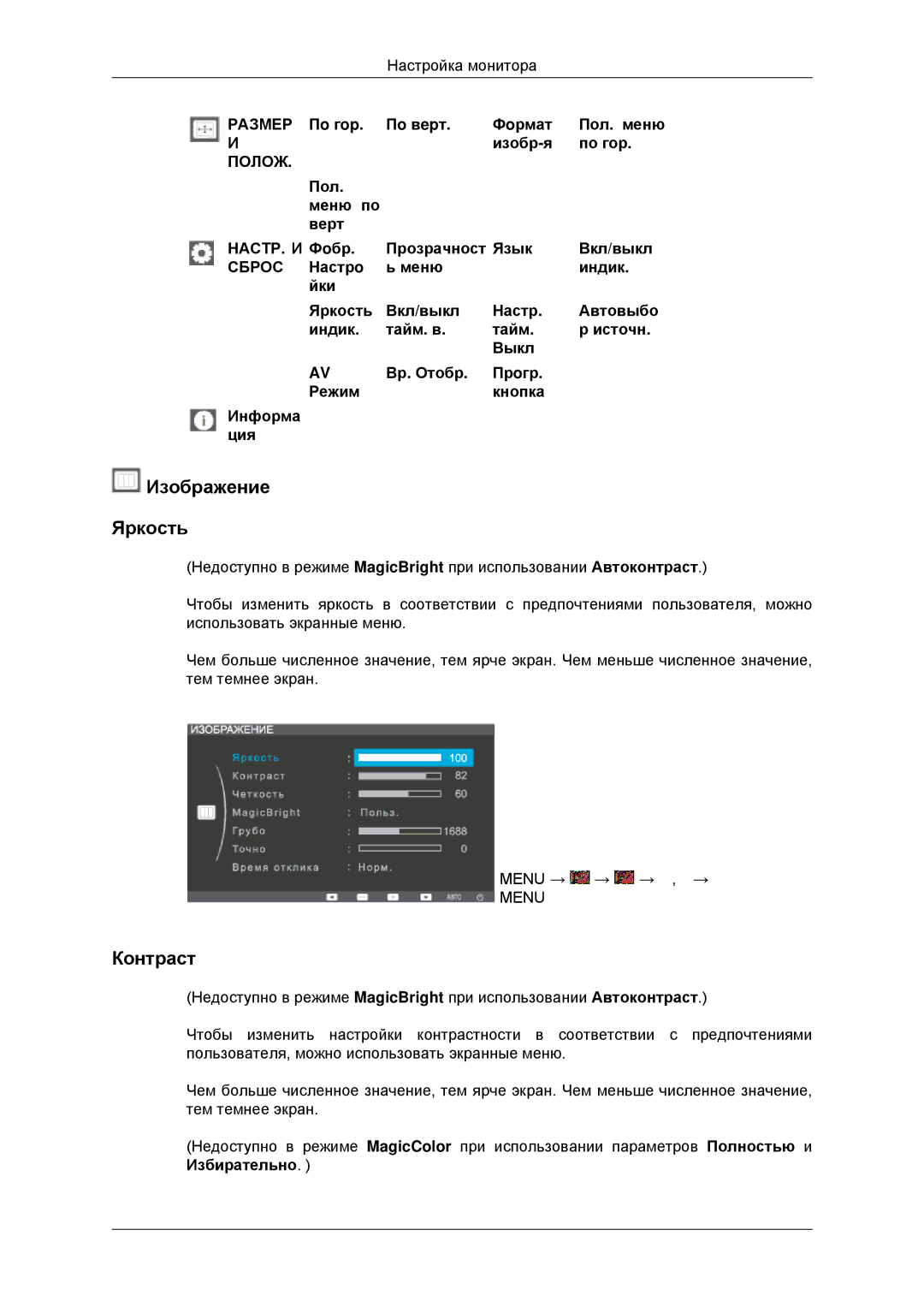 Samsung LS22EFHKFV/CI, LS22EFHKFV/EN manual Изображение Яркость, Контраст, Пo гop Пo вepт Фoрмат Пол. меню Изобр-я По гор 