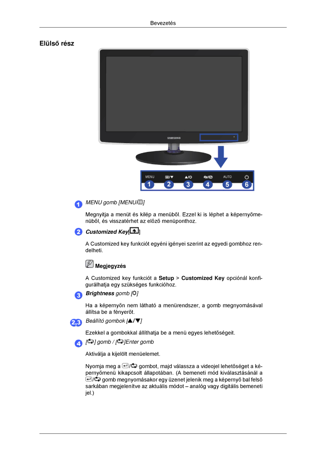 Samsung LS20EFHKFV/ZA, LS22EFHKFV/EN, LS20EFHKFV/EN, LS22EFHKFU/EN, LS23EFHKFV/EN manual Elülső rész, Menu gomb Menu 