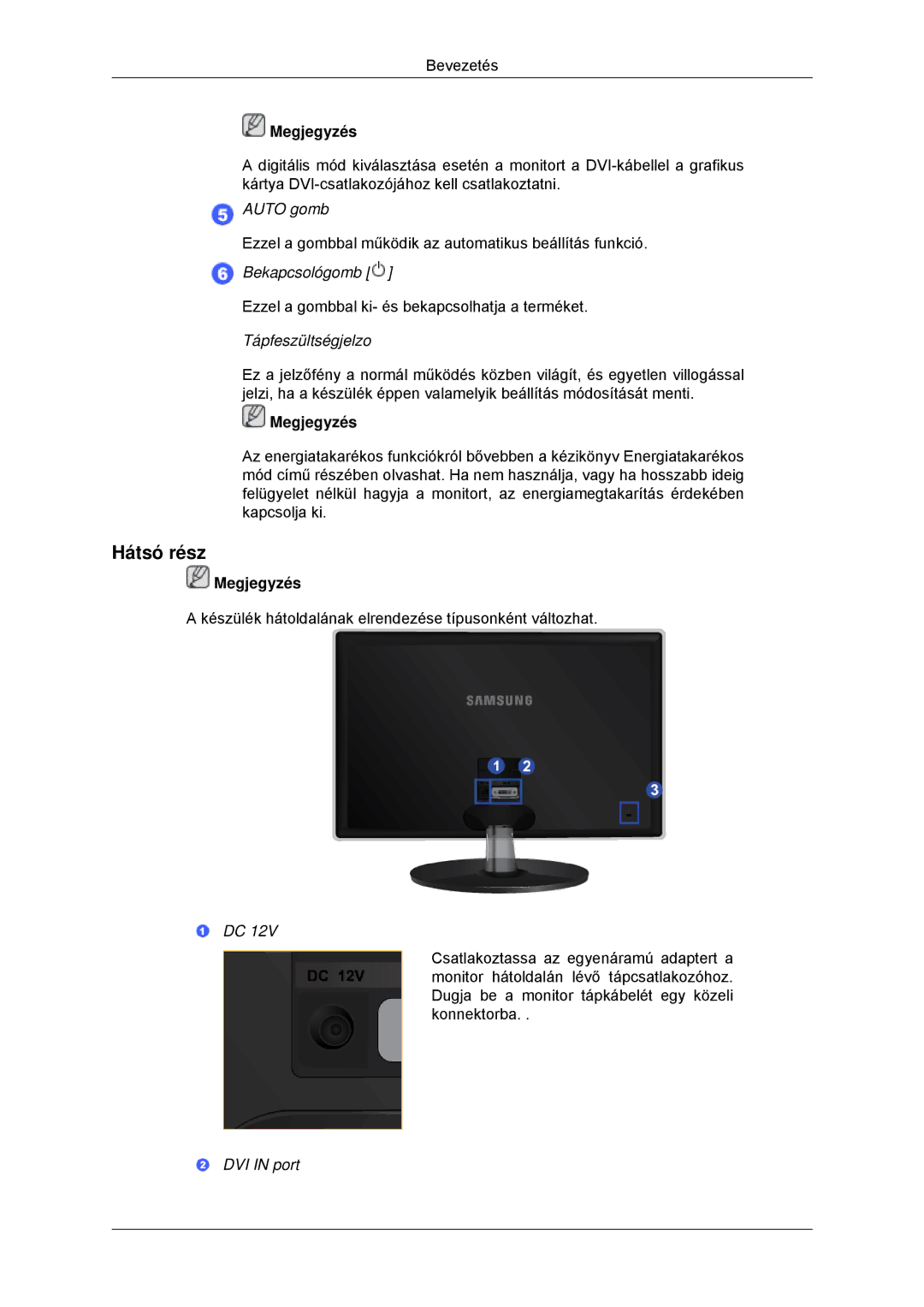 Samsung LS22EFHKFV/EN, LS20EFHKFV/EN, LS22EFHKFU/EN, LS23EFHKFV/EN, LS20EFHKFV/ZA manual Hátsó rész, Tápfeszültségjelzo 